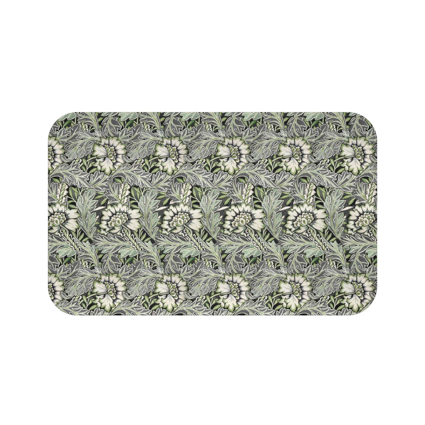 Microfibre bath mat with a floral pattern inspired by William Morris, predominantly grey in colour.
