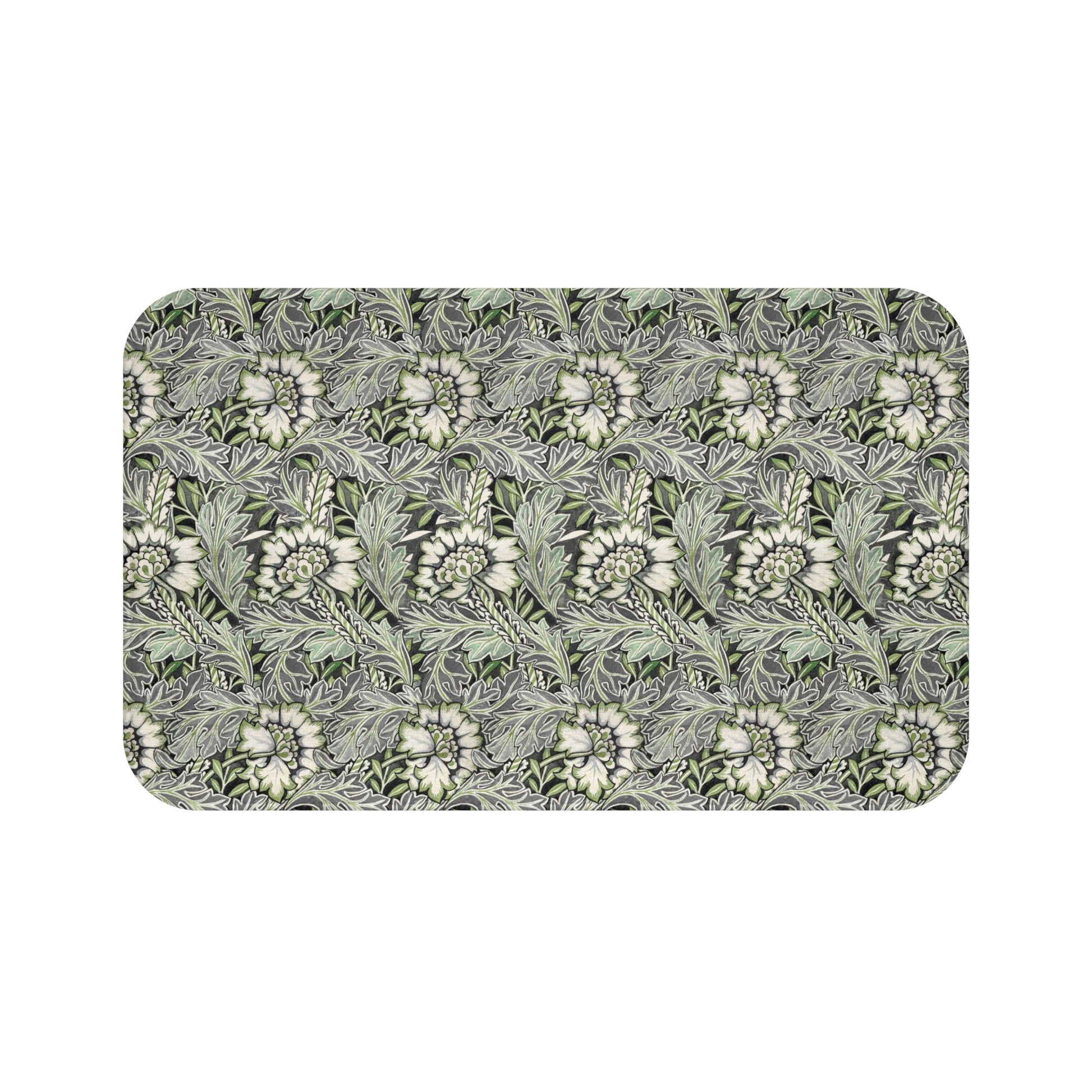 Microfibre bath mat with a floral pattern inspired by William Morris, predominantly grey in colour.