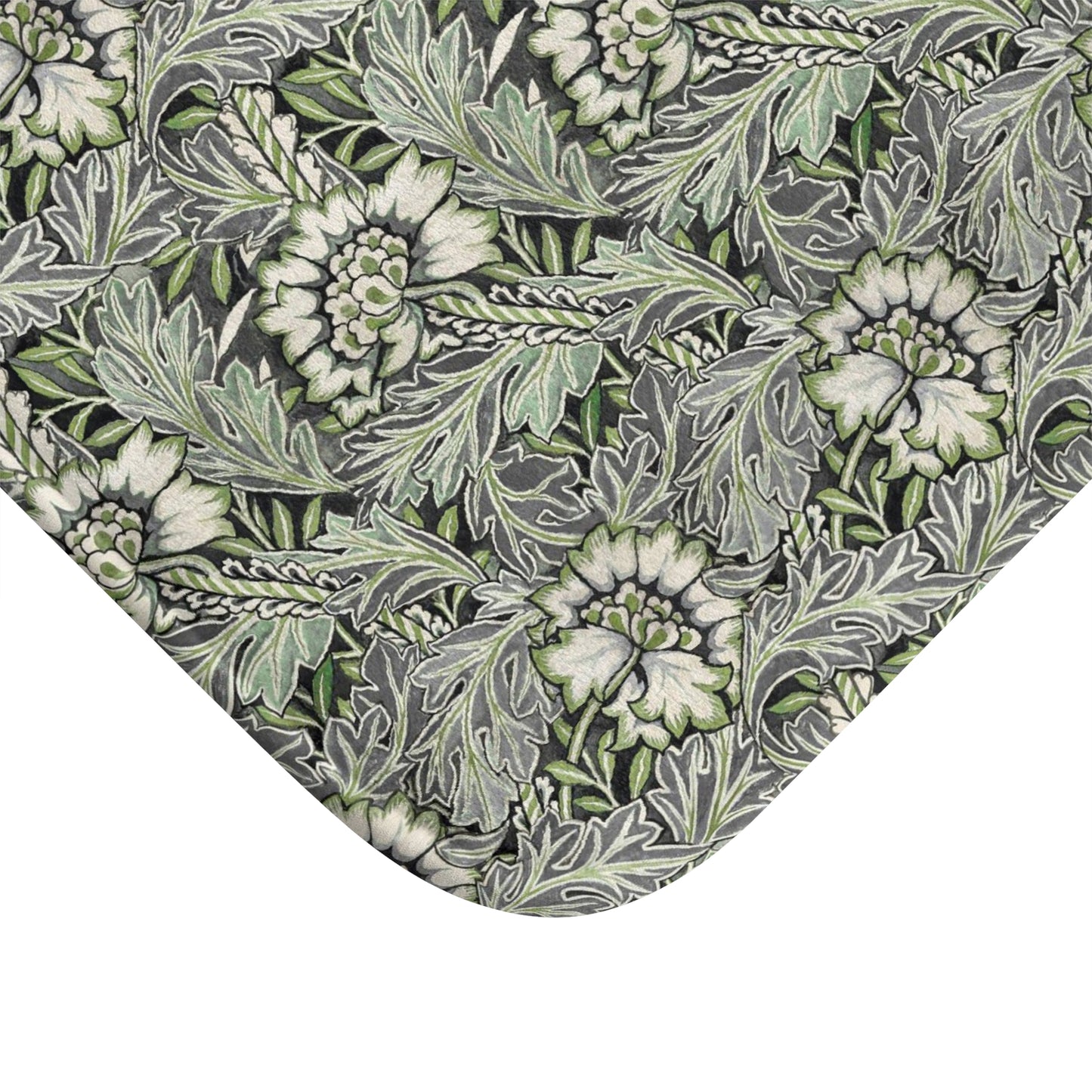 Microfibre bath mat with a floral pattern inspired by William Morris, predominantly grey in colour.