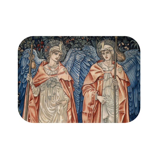 A microfibre bath mat with a printed design featuring two angels from the William Morris Angeli Ministrantes collection.