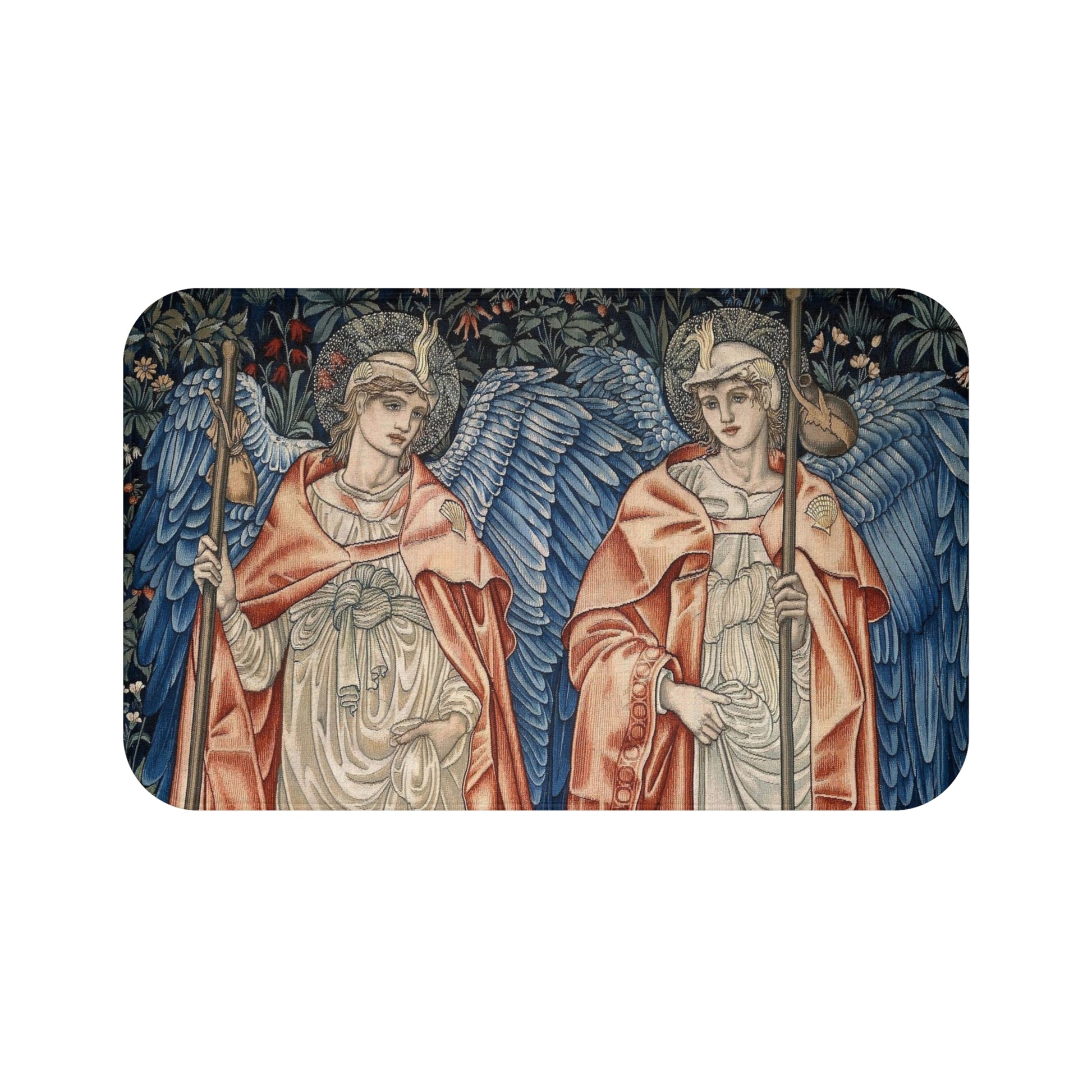 A microfibre bath mat with a printed design featuring two angels from the William Morris Angeli Ministrantes collection.
