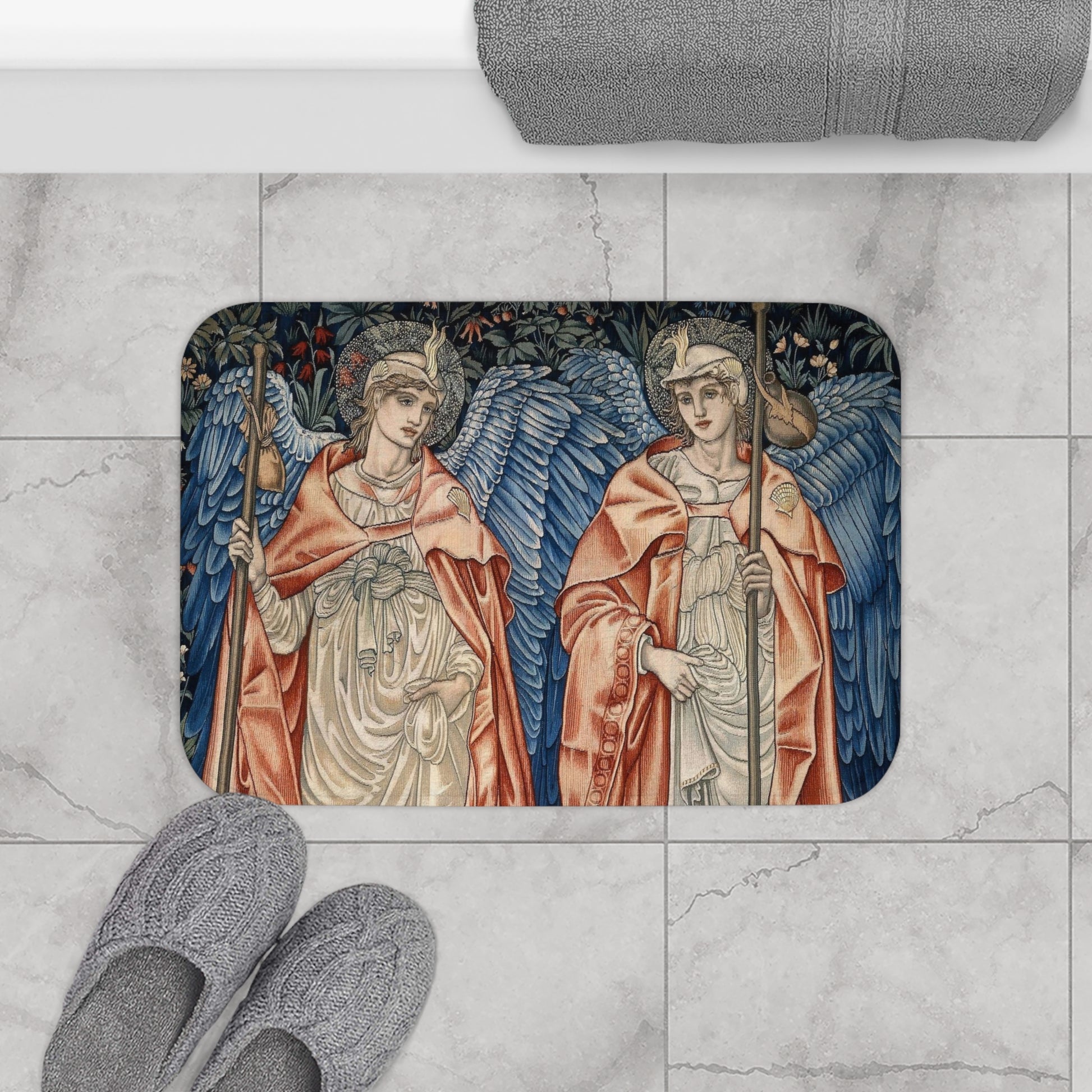 A microfibre bath mat with a printed design featuring two angels from the William Morris Angeli Ministrantes collection.