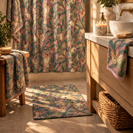 Microfibre Bath Mat inspired by William Morris - Bird & Pomegranate Collection (Rosella)