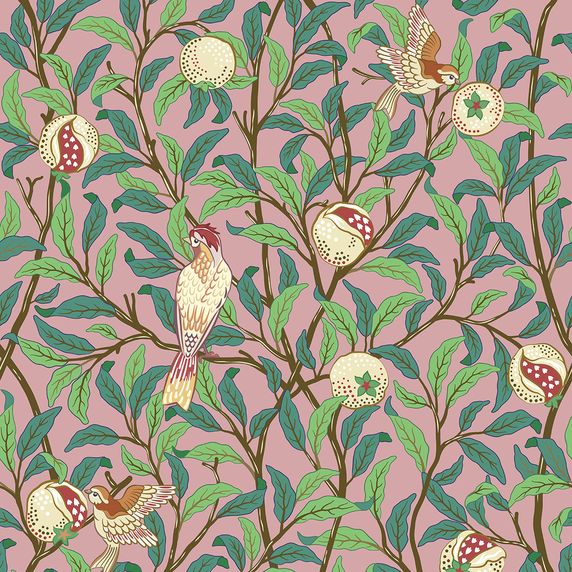 A rectangular microfibre bath mat with a William Morris floral pattern featuring birds and pomegranates in pink, green and white colours.