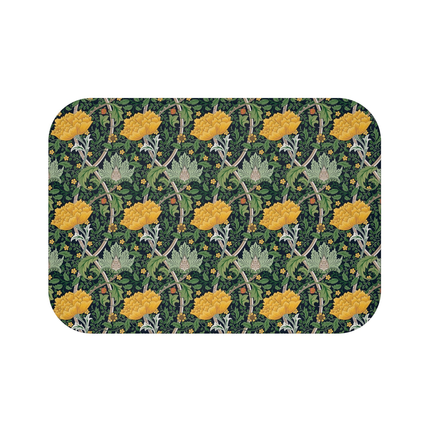 Microfibre bath mat with a floral pattern inspired by William Morris, predominantly yellow flowers on a green background with a non-slip border.
