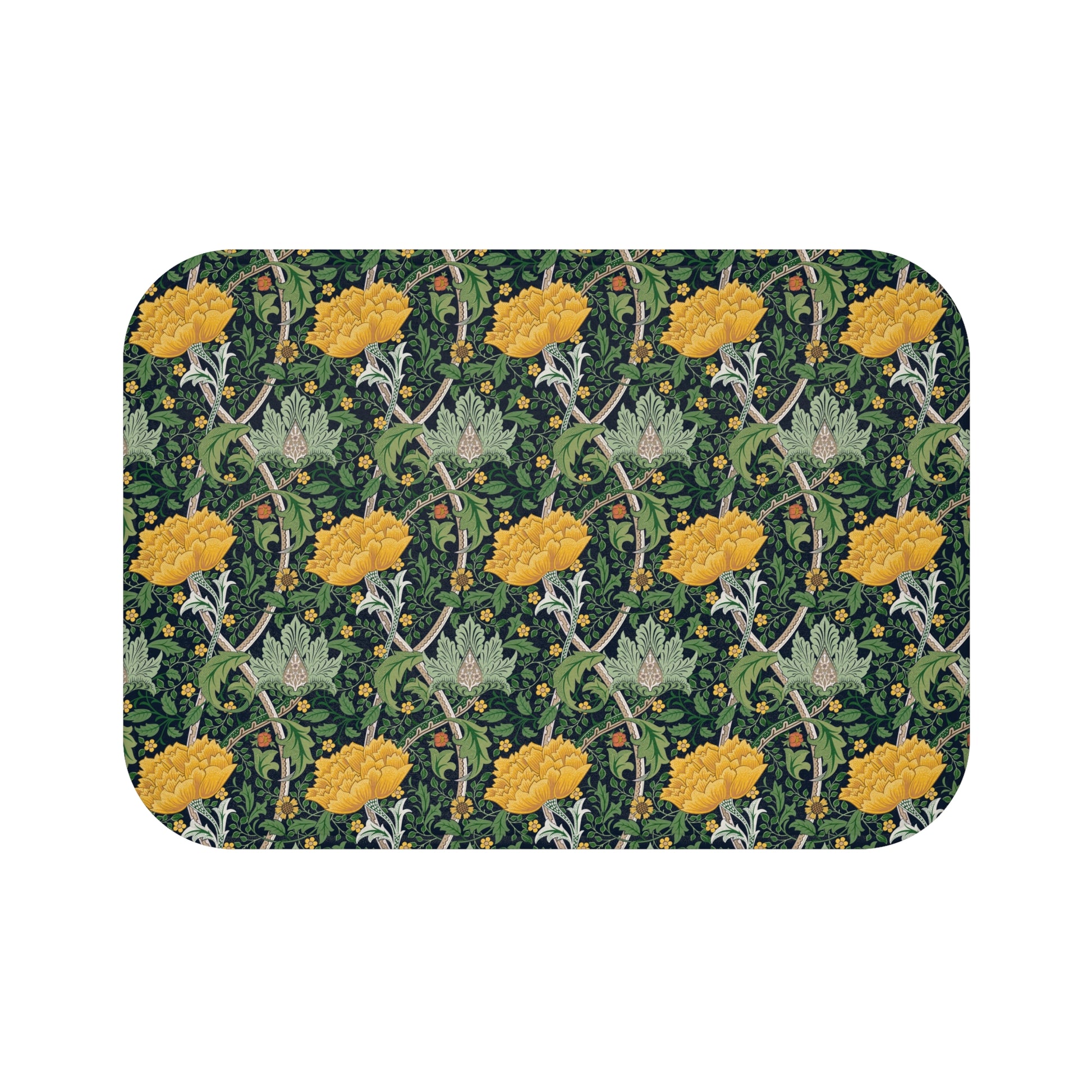 Microfibre bath mat with a floral pattern inspired by William Morris, predominantly yellow flowers on a green background with a non-slip border.