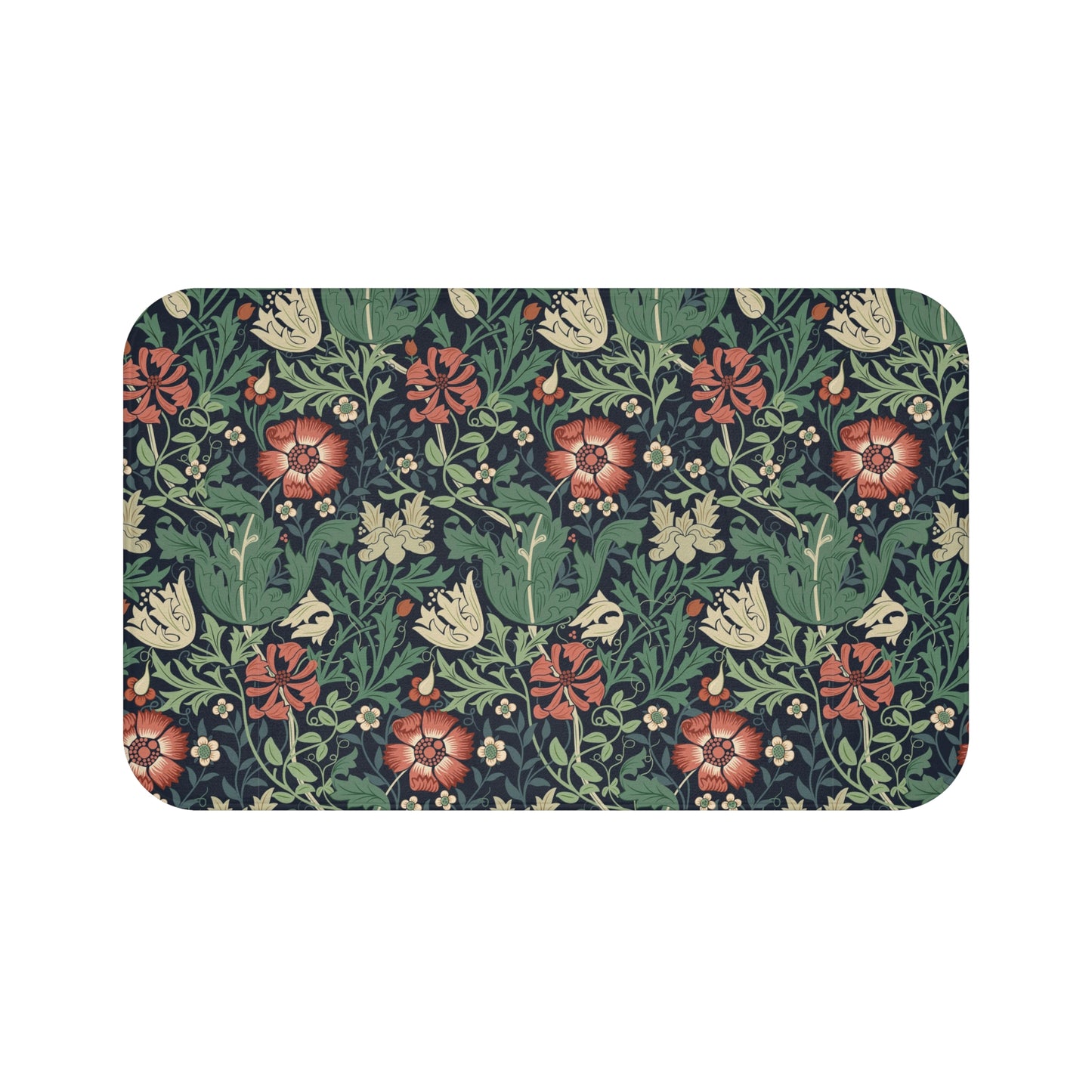 Rectangular microfibre bath mat with a floral pattern inspired by William Morris, in colors green, red, and beige.
