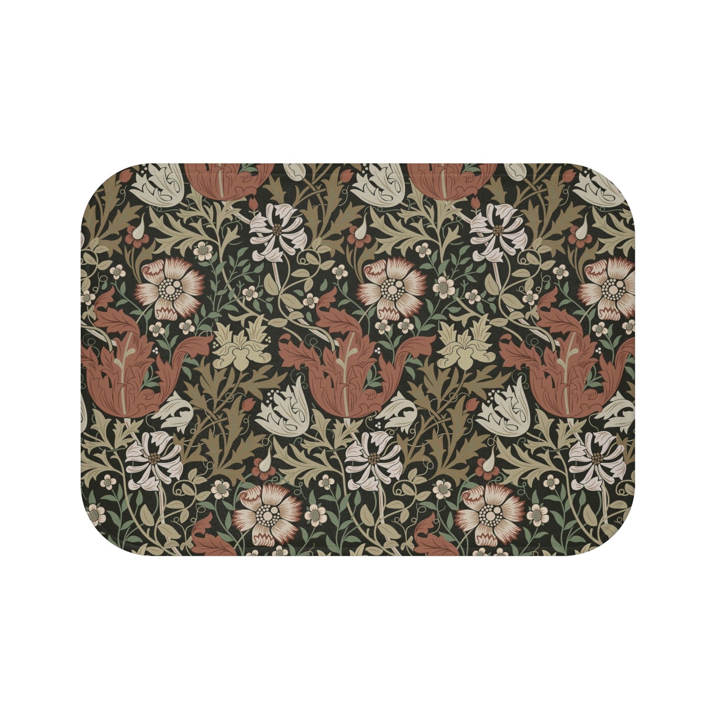 A rectangular microfibre bath mat with a floral pattern inspired by William Morris, in colours brown, beige, and green.