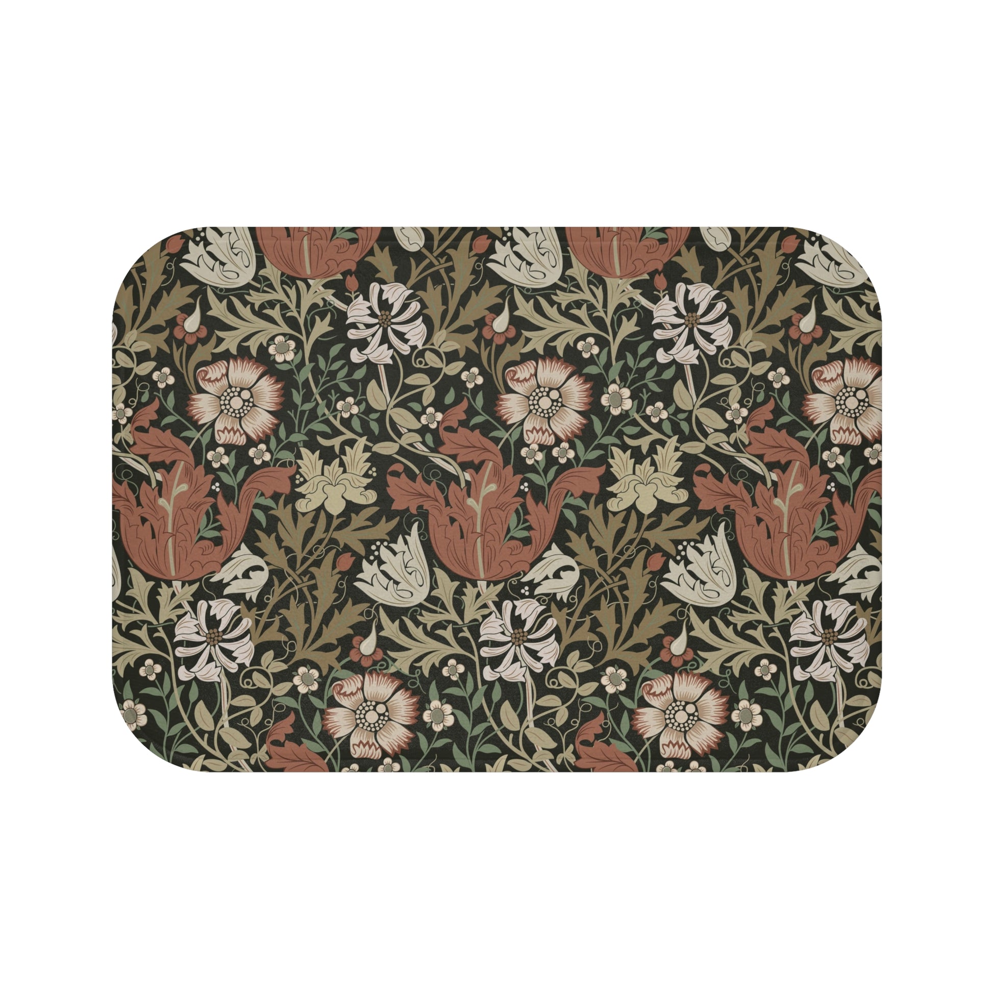 A rectangular microfibre bath mat with a floral pattern inspired by William Morris, in colours brown, beige, and green.
