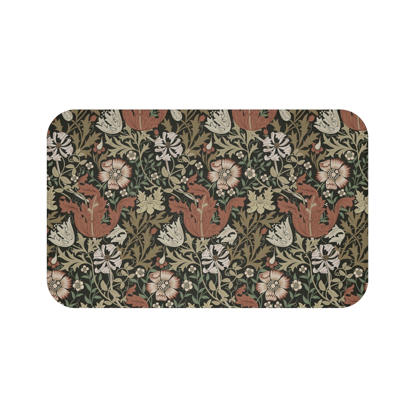 A rectangular microfibre bath mat with a floral pattern inspired by William Morris, in colours brown, beige, and green.
