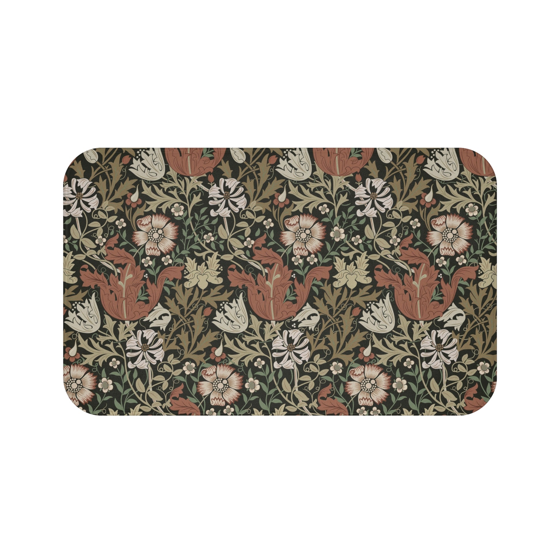 A rectangular microfibre bath mat with a floral pattern inspired by William Morris, in colours brown, beige, and green.