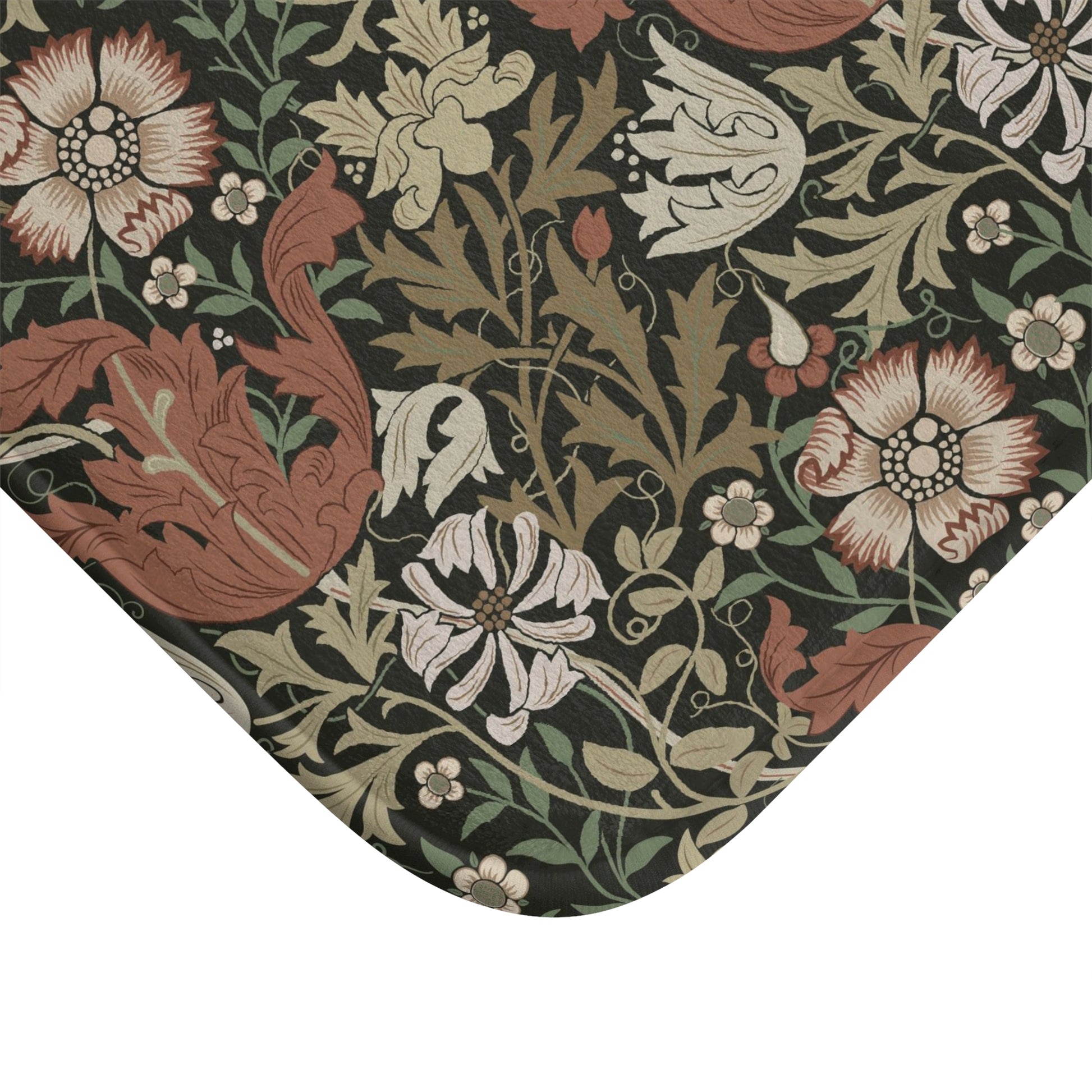 A rectangular microfibre bath mat with a floral pattern inspired by William Morris, in colours brown, beige, and green.