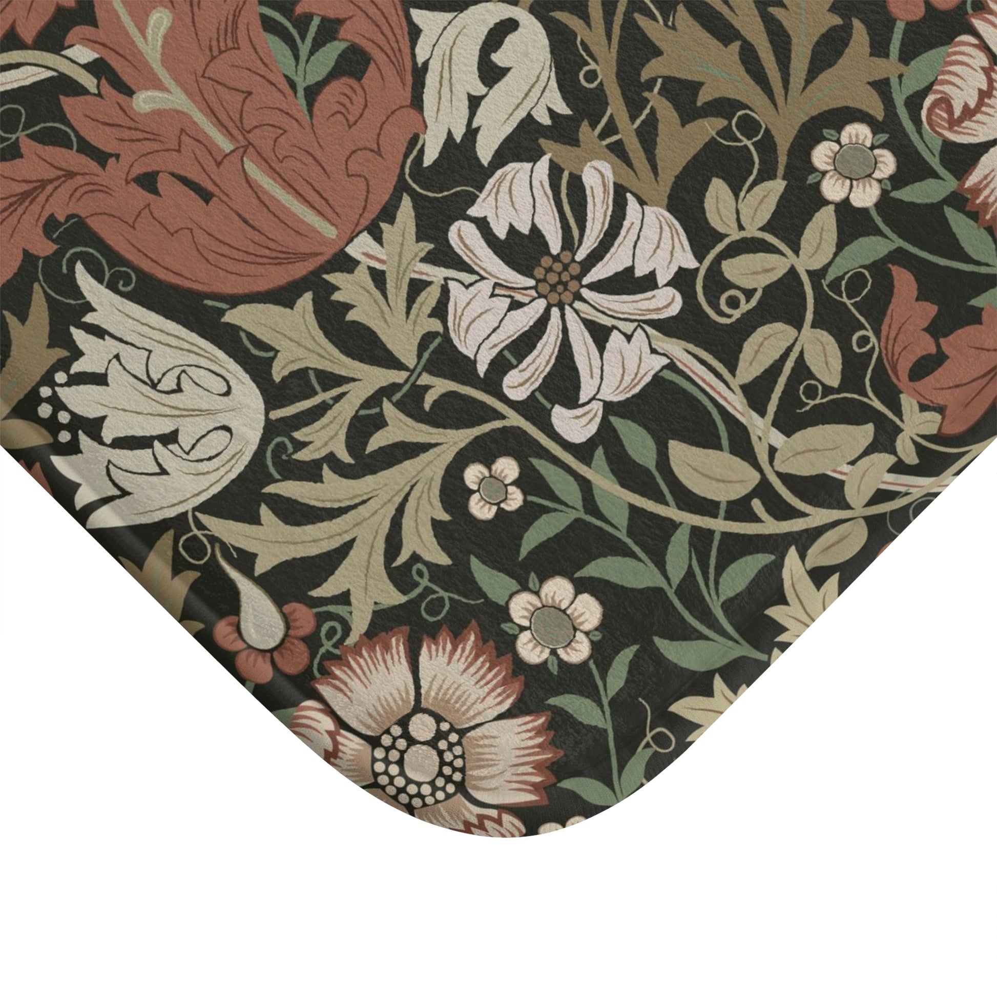 A rectangular microfibre bath mat with a floral pattern inspired by William Morris, in colours brown, beige, and green.