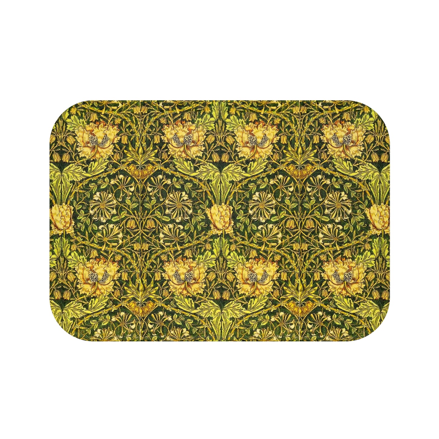 A round microfibre bath mat with a floral pattern in gold, brown, and green colors, inspired by William Morris - Honeysuckle Collection.