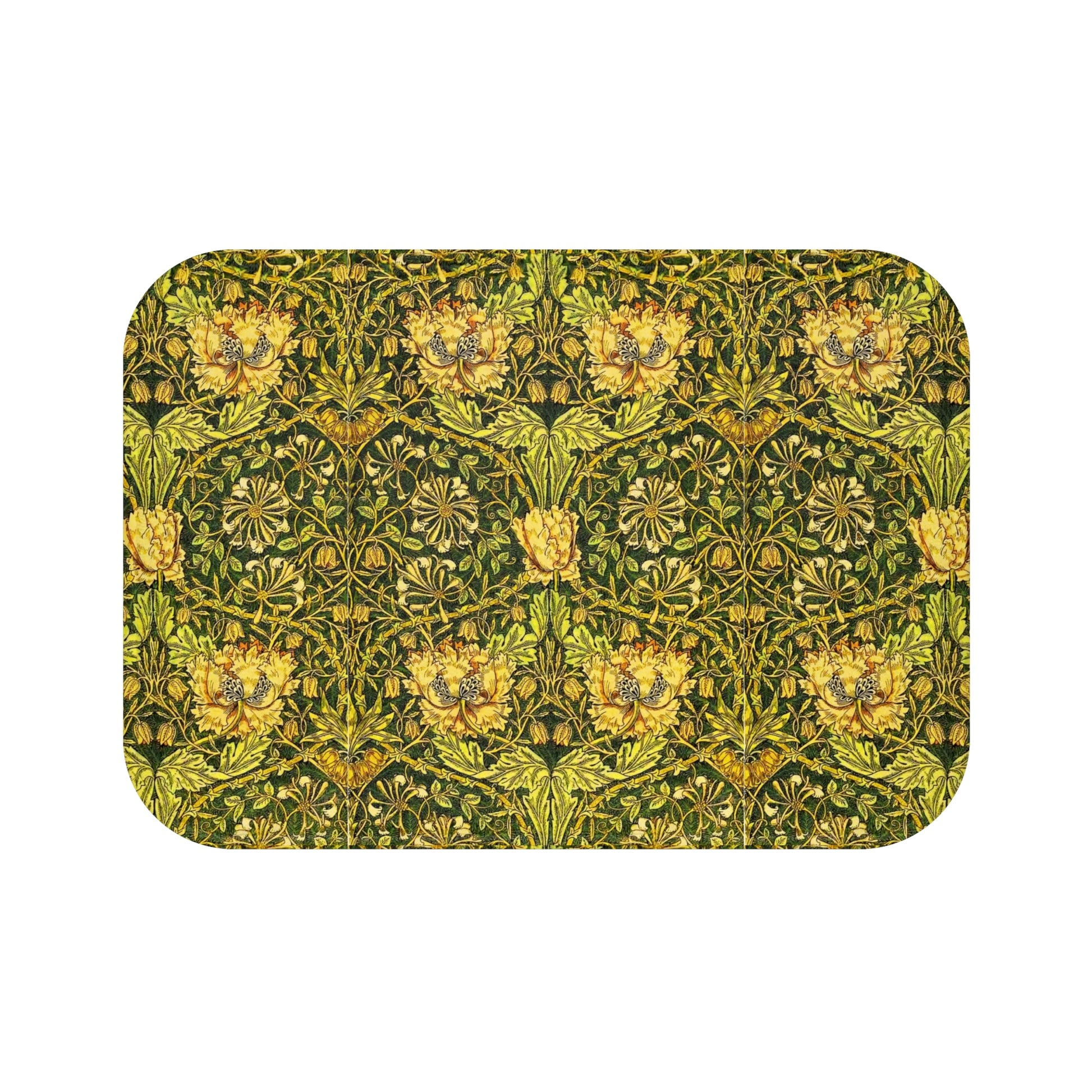 A round microfibre bath mat with a floral pattern in gold, brown, and green colors, inspired by William Morris - Honeysuckle Collection.