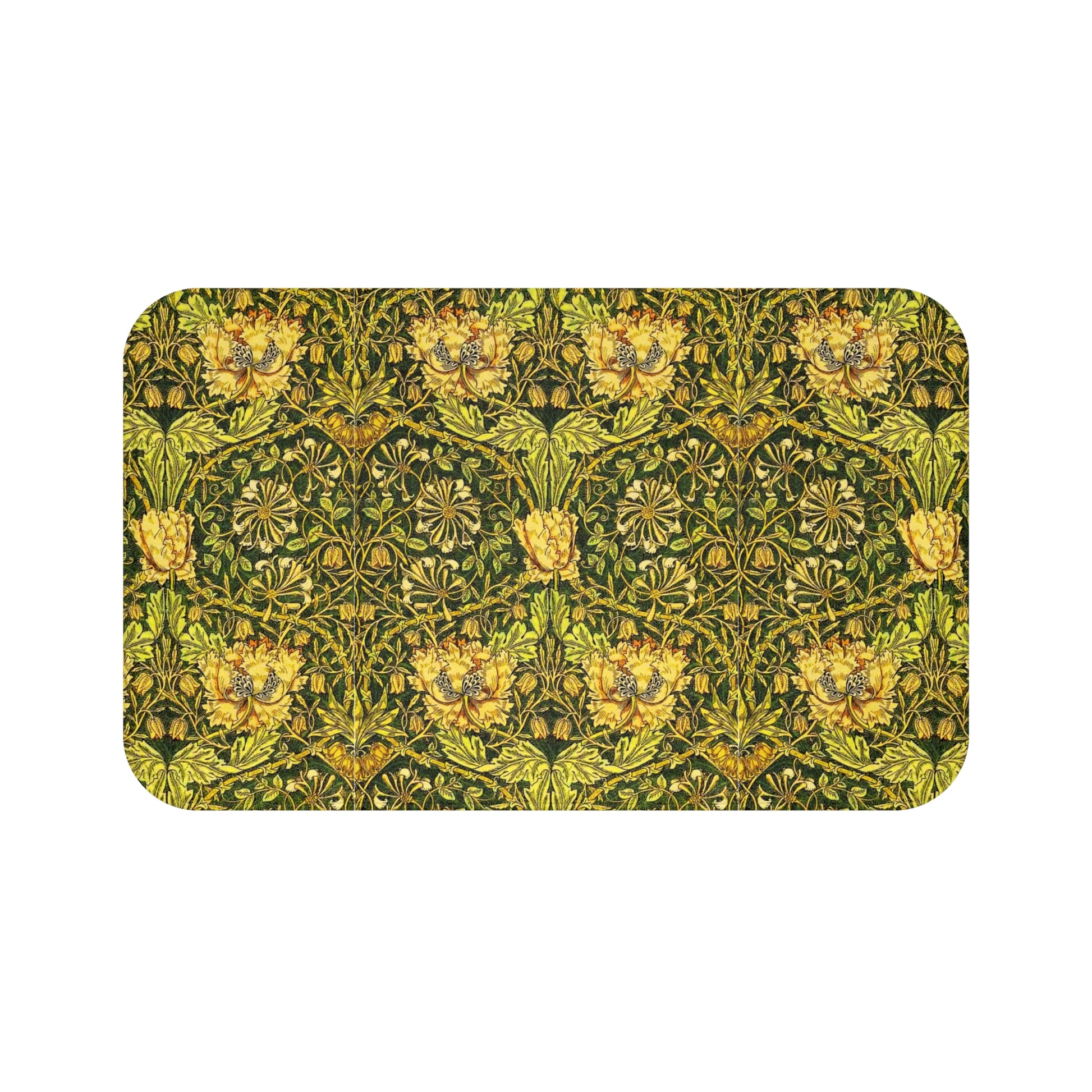 A round microfibre bath mat with a floral pattern in gold, brown, and green colours, inspired by William Morris - Honeysuckle Collection.