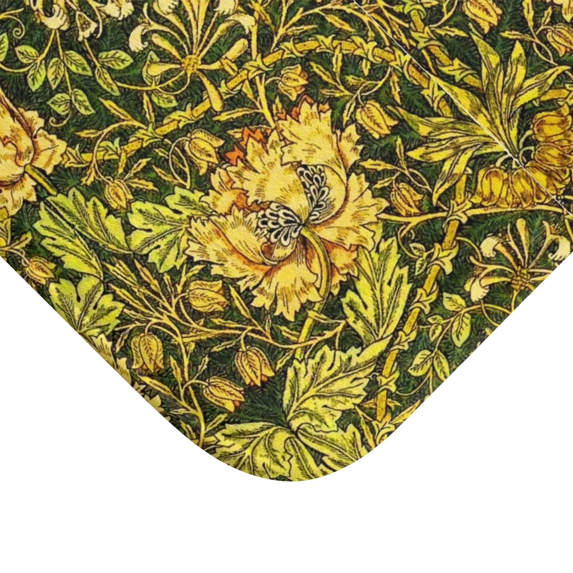 A round microfibre bath mat with a floral pattern in gold, brown, and green colours, inspired by William Morris - Honeysuckle Collection.