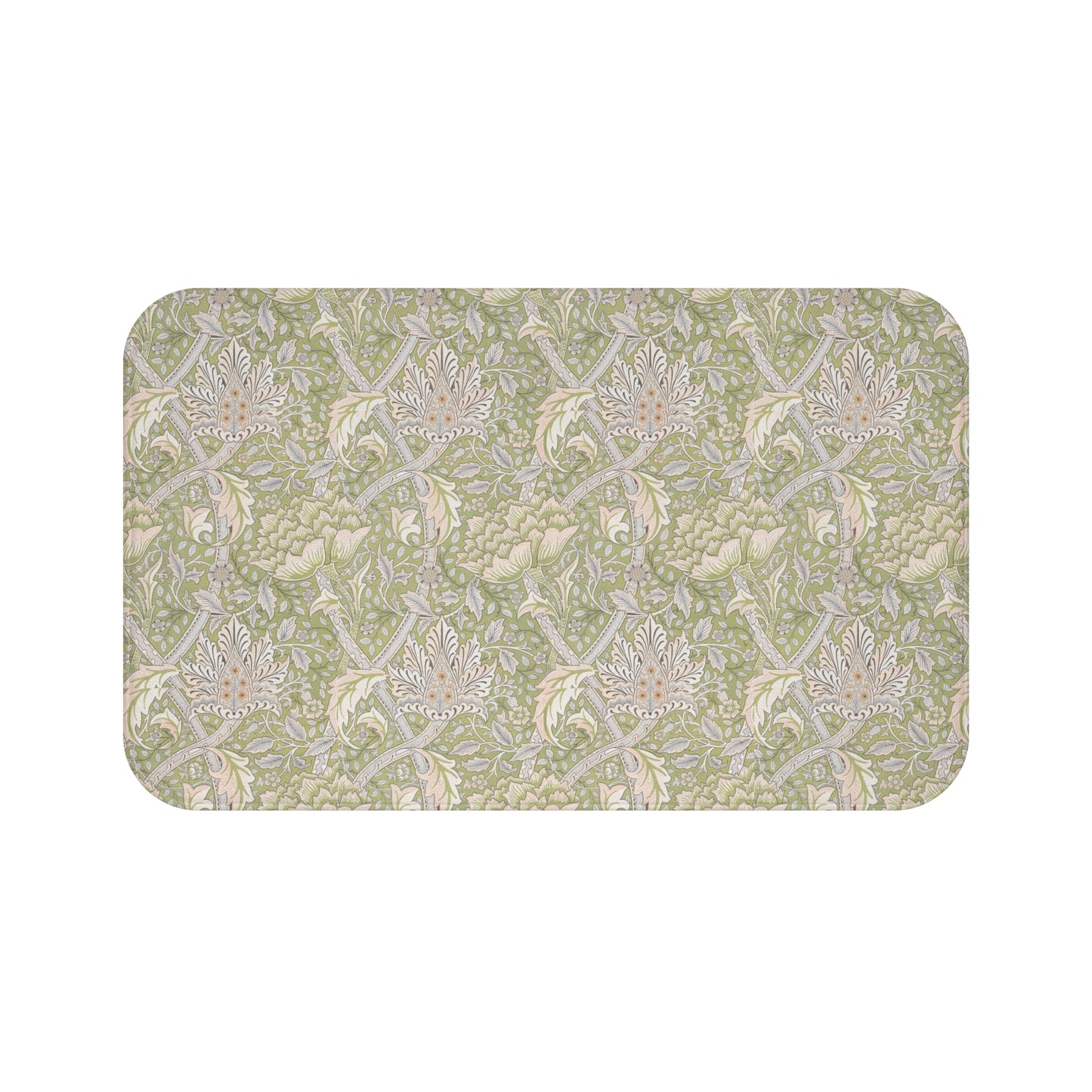 Patterned green and beige rug on a white background
