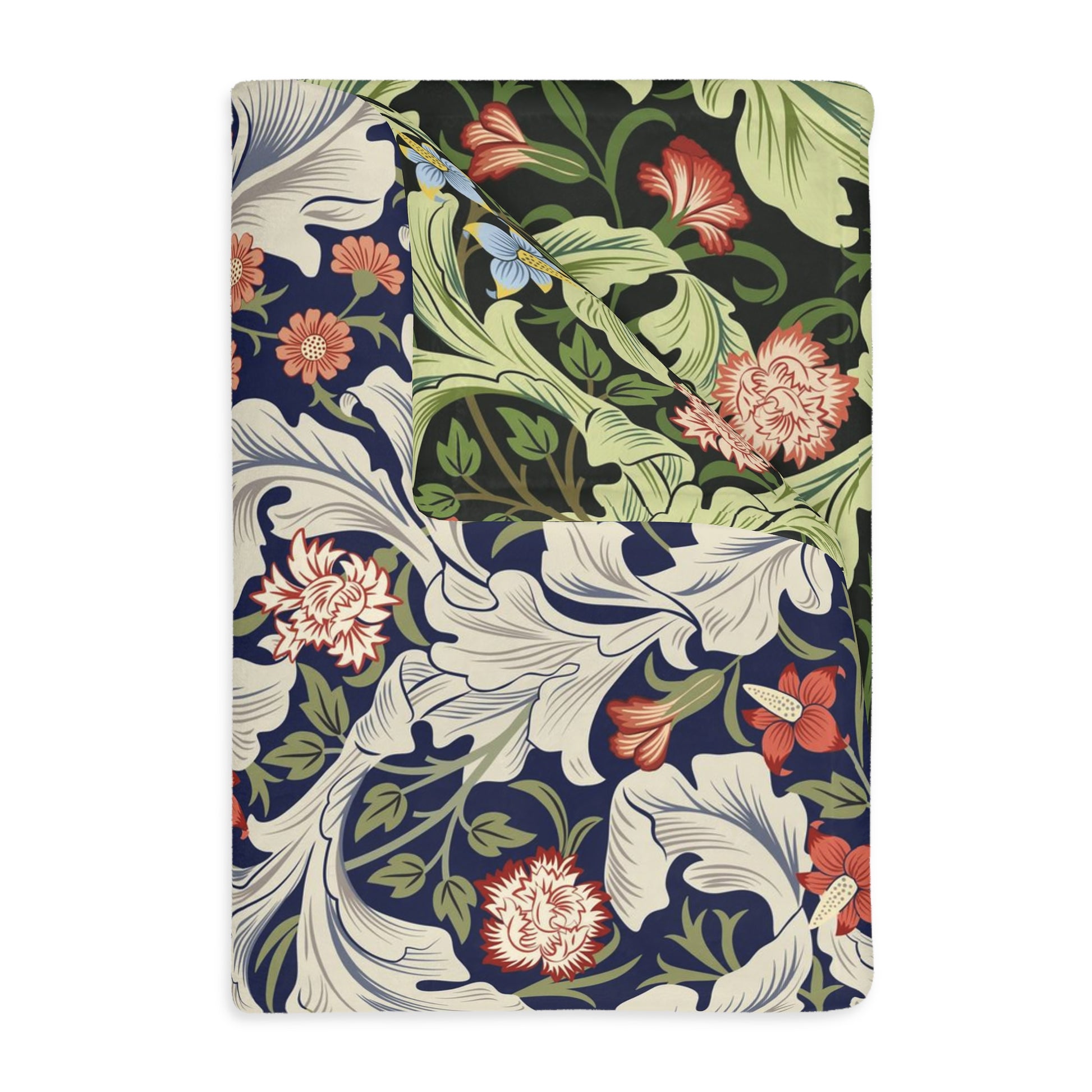 Luxury Velveteen Minky Blanket (Two-sided print) inspired by William Morris & Co in a pattern called. Leicester Collection (Royal/Green)
