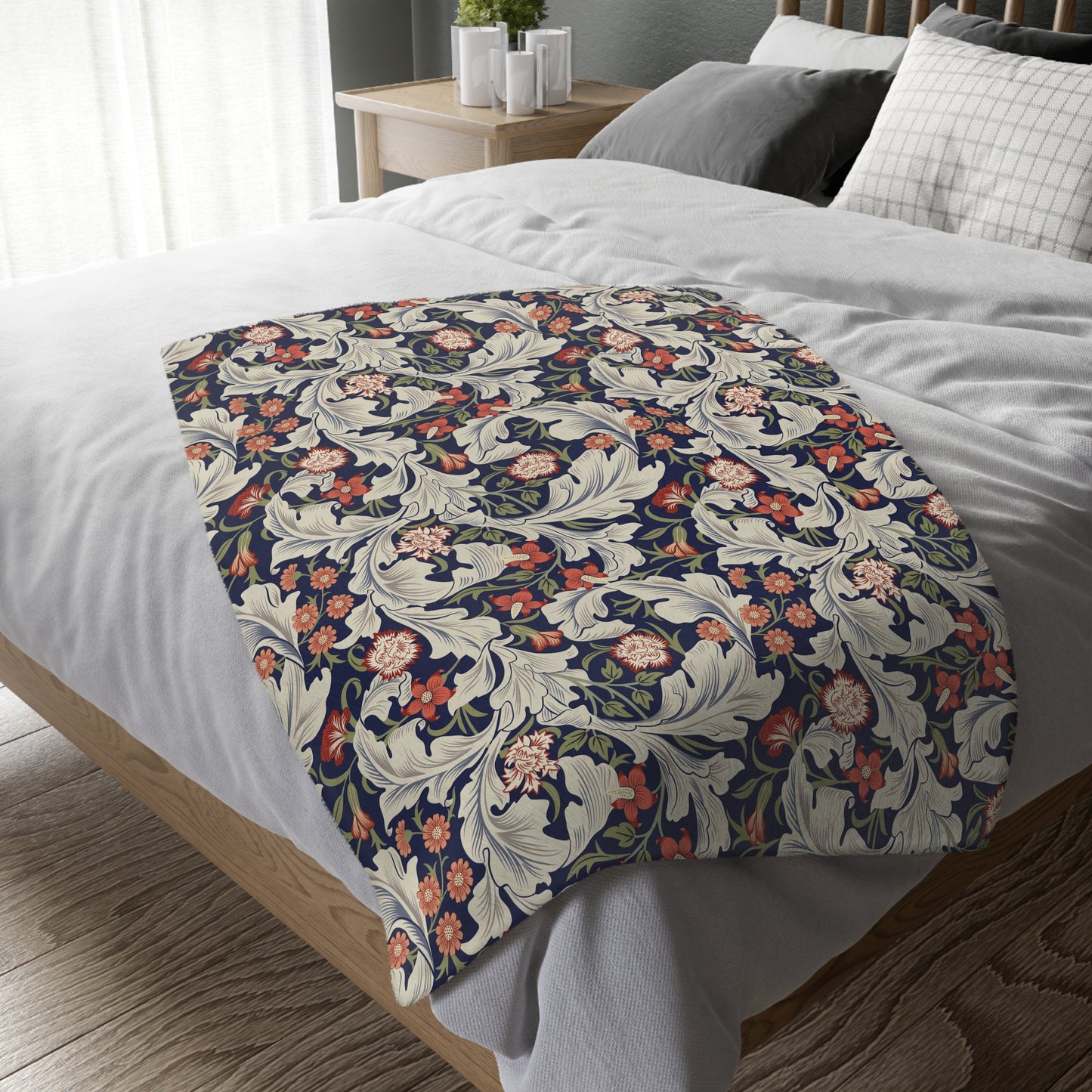 Luxury Velveteen Minky Blanket (Two-sided print) inspired by William Morris & Co in a pattern called. Leicester Collection (Royal/Green)