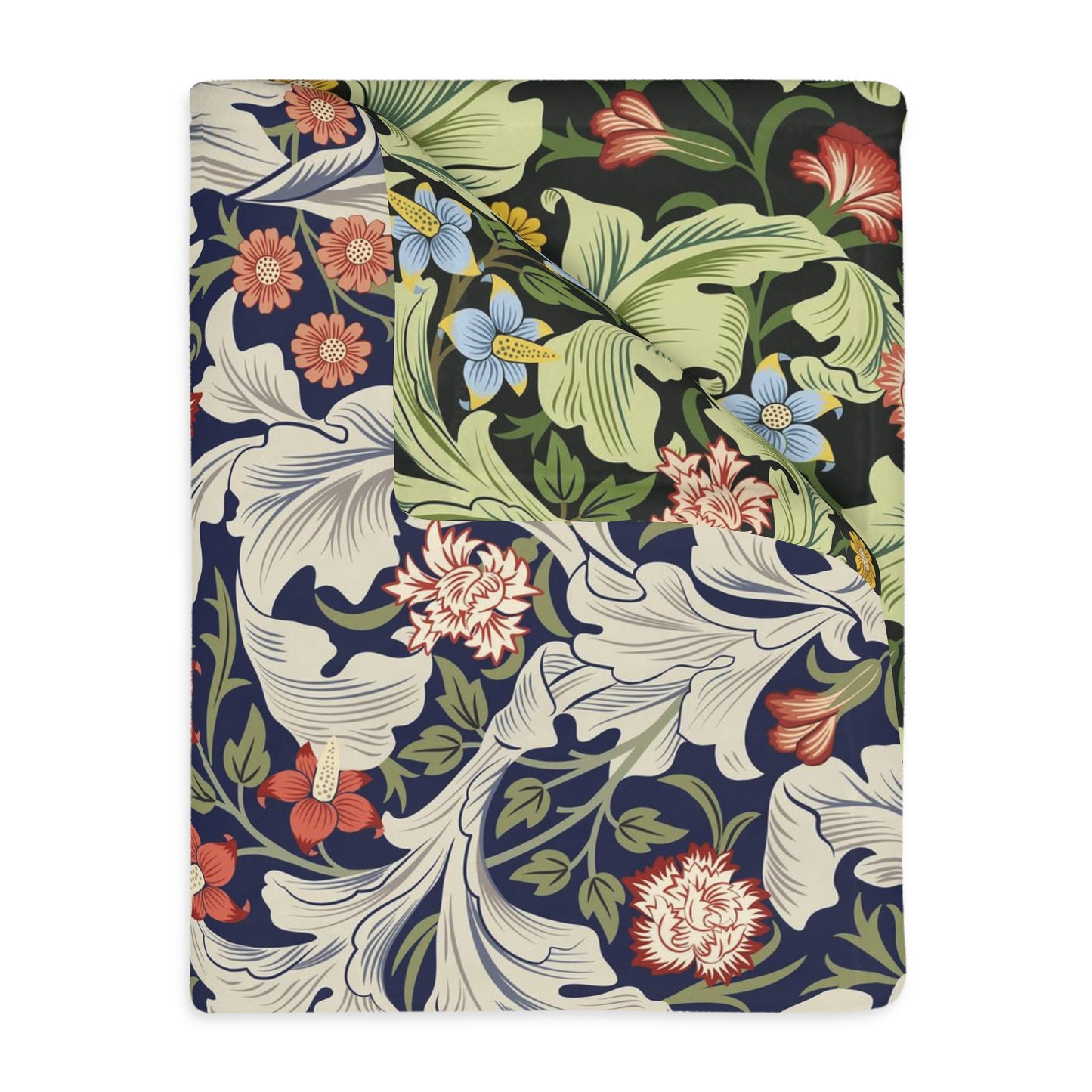Luxury Velveteen Minky Blanket (Two-sided print) inspired by William Morris & Co in a pattern called. Leicester Collection (Royal/Green)
