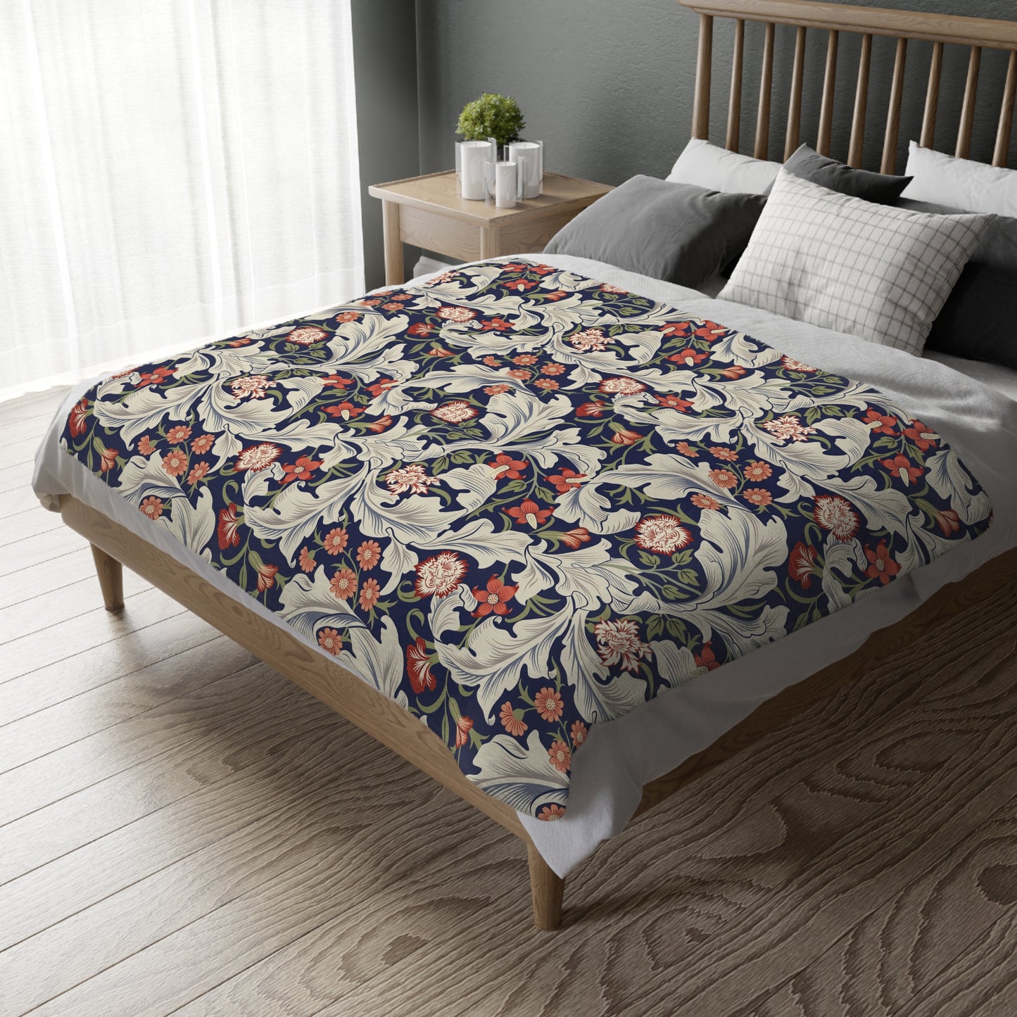 Luxury Velveteen Minky Blanket (Two-sided print) inspired by William Morris & Co in a pattern called. Leicester Collection (Royal/Green)