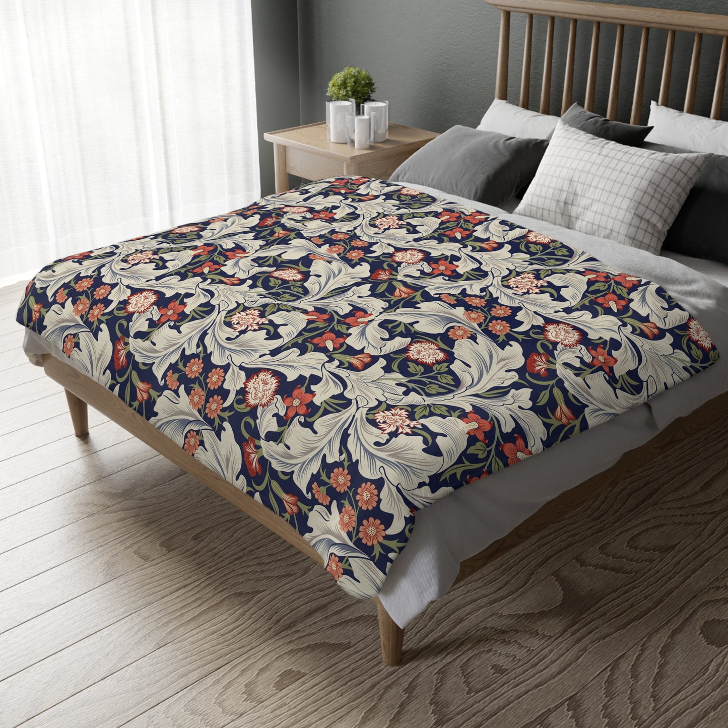 Luxury Velveteen Minky Blanket (Two-sided print) inspired by William Morris & Co in a pattern called. Leicester Collection (Royal/Green)