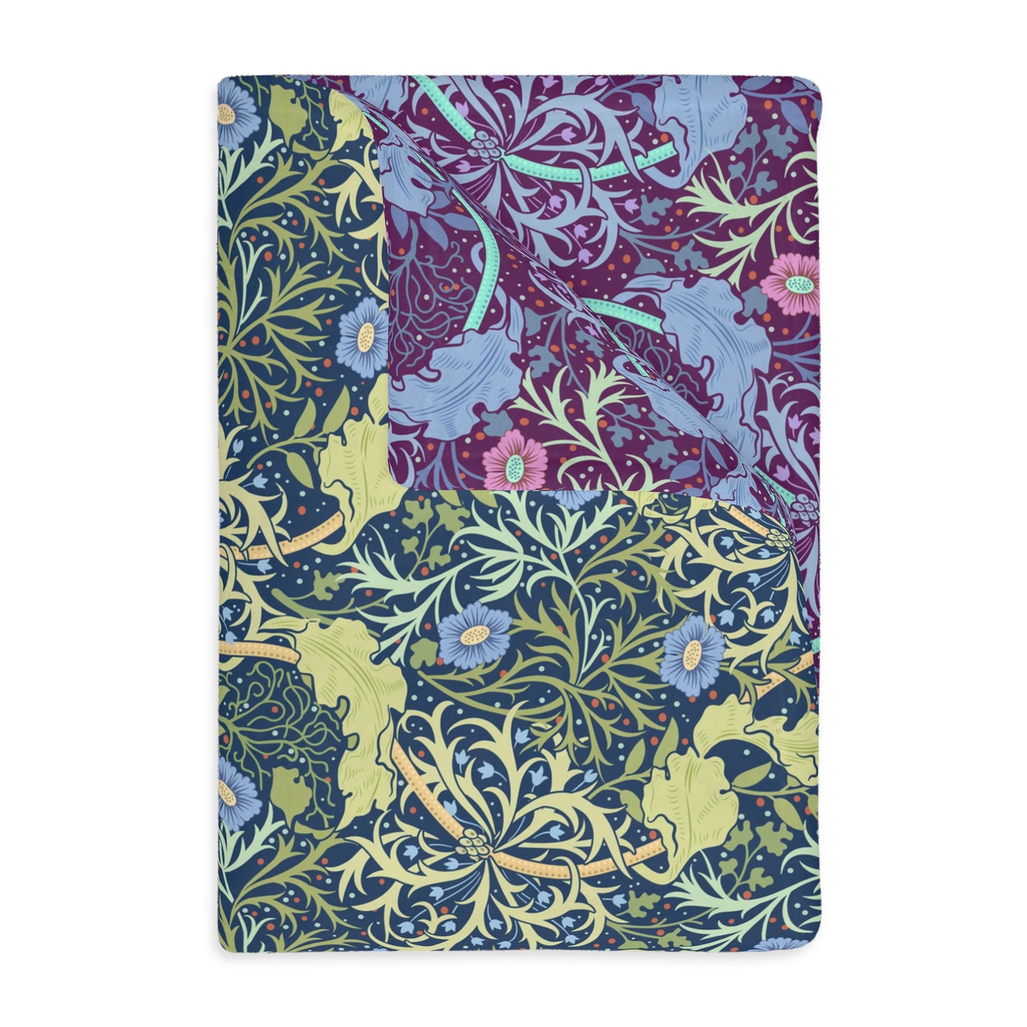 A Luxury Velveteen Minky Blanket with a two-sided print featuring a seaweed-inspired William Morris & Co floral pattern in blue, green and yellow tones.