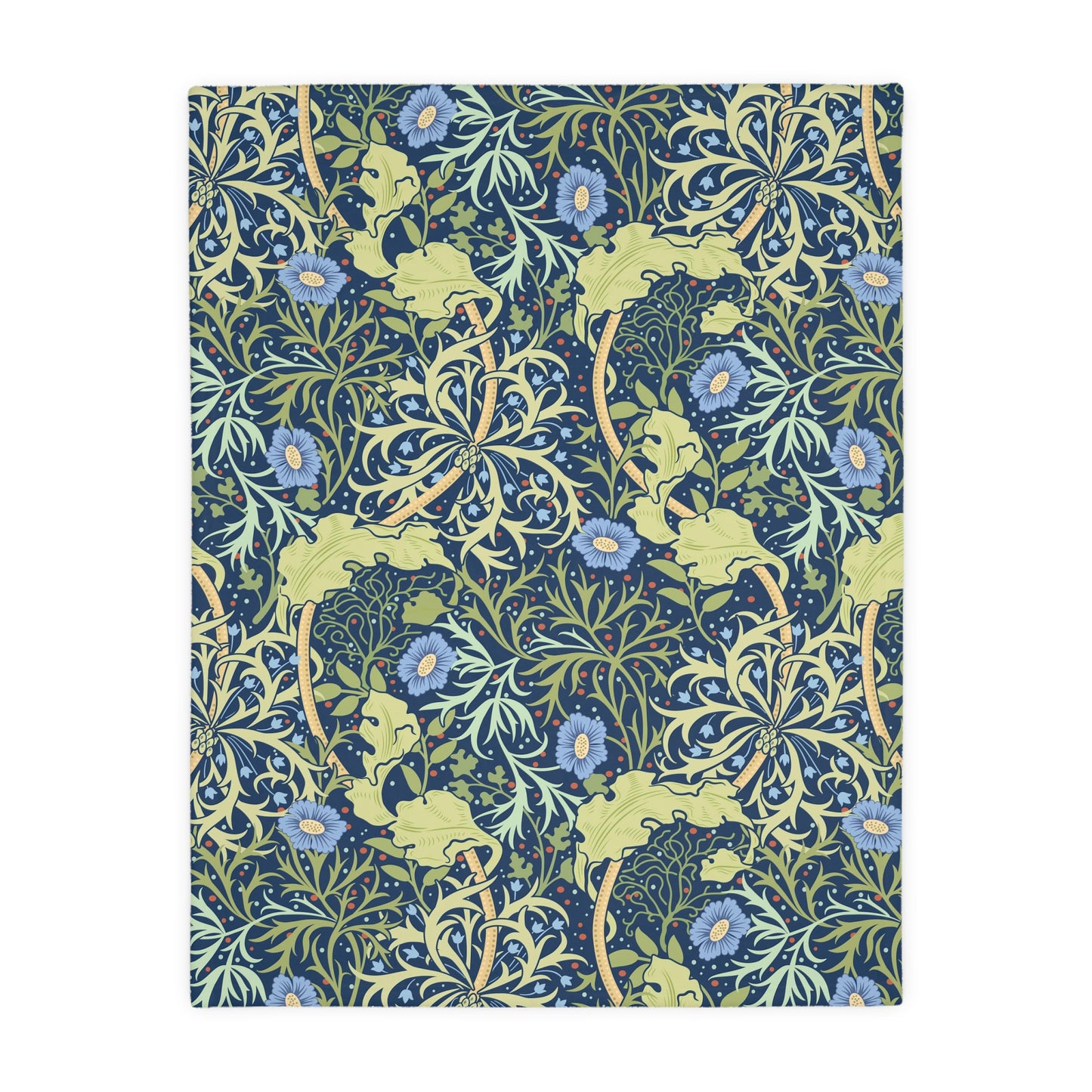A Luxury Velveteen Minky Blanket with a two-sided print featuring a seaweed-inspired William Morris & Co floral pattern in blue, green and yellow tones.