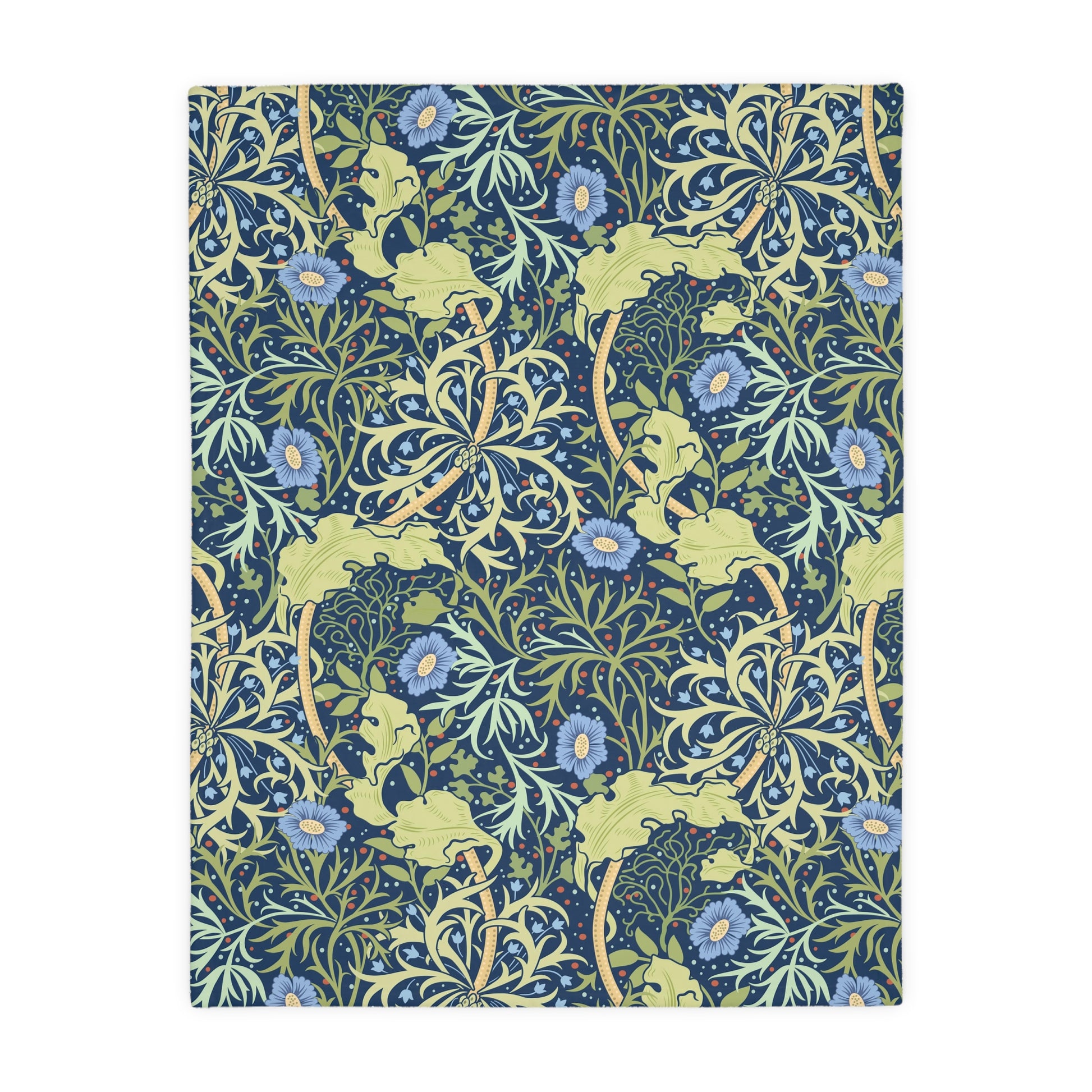 A Luxury Velveteen Minky Blanket with a two-sided print featuring a seaweed-inspired William Morris & Co floral pattern in blue, green and yellow tones.