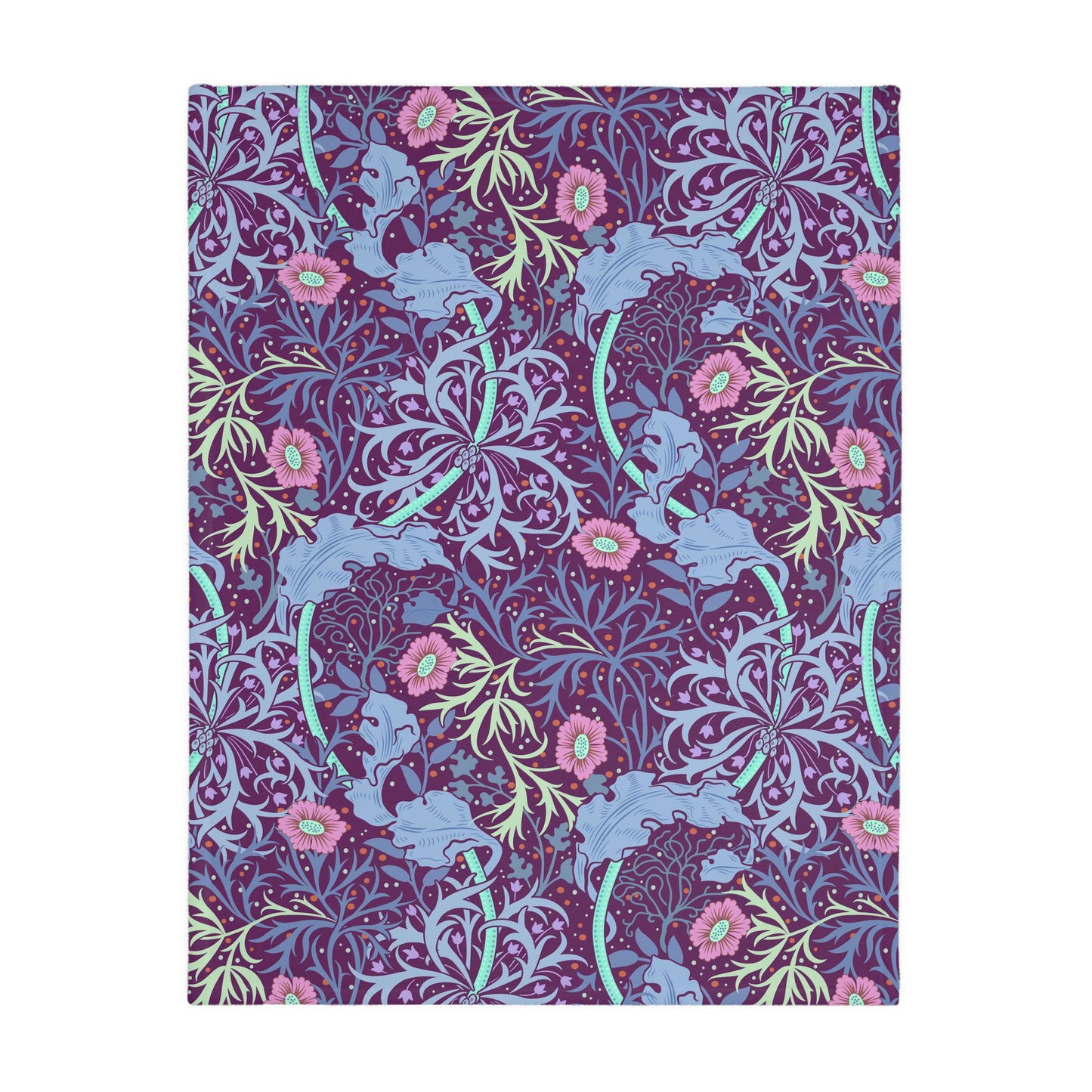 A Luxury Velveteen Minky Blanket with a two-sided print featuring a seaweed-inspired William Morris & Co floral pattern in blue, pink and purple tones.