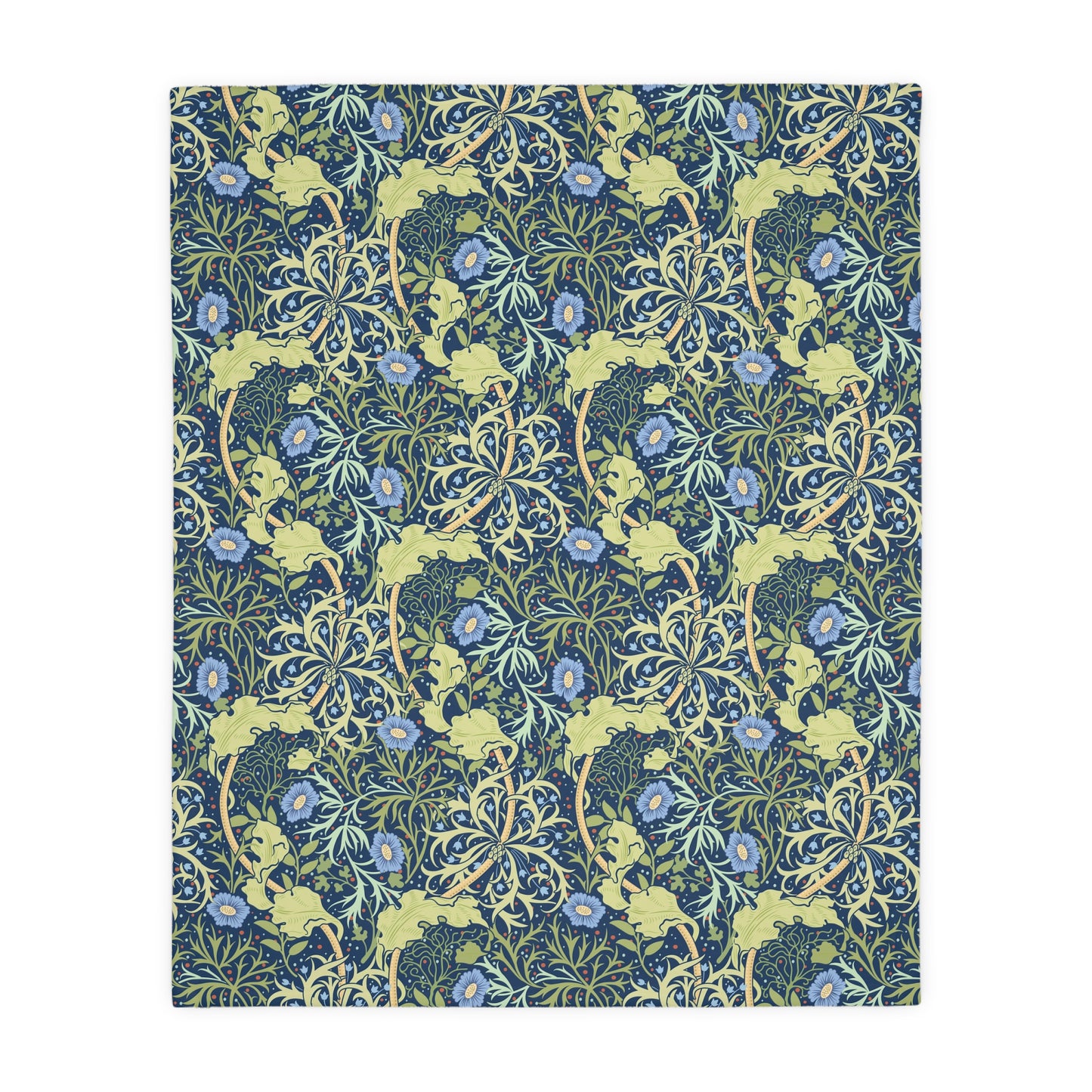 A Luxury Velveteen Minky Blanket with a two-sided print featuring a seaweed-inspired William Morris & Co floral pattern in blue, green and yellow tones.
