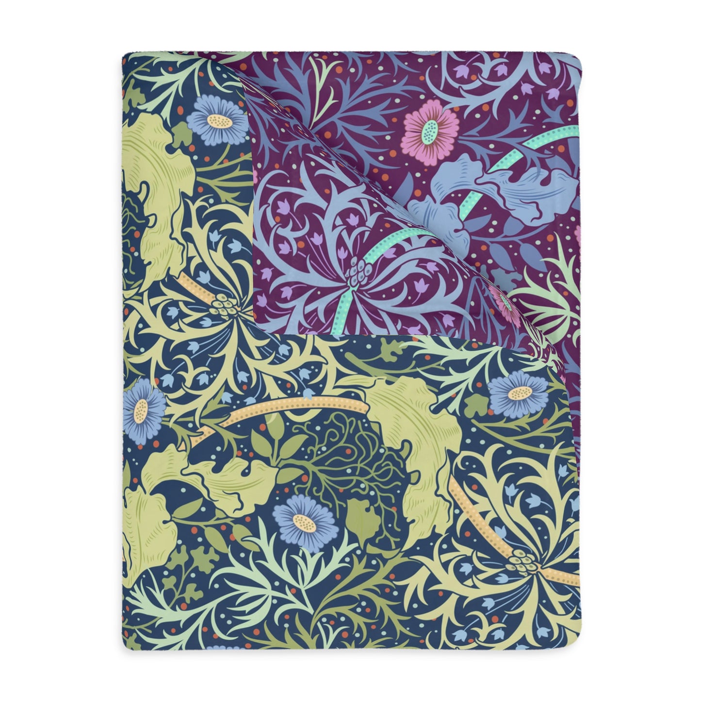 A Luxury Velveteen Minky Blanket with a two-sided print featuring a seaweed-inspired William Morris & Co floral pattern in blue, green and yellow tones.