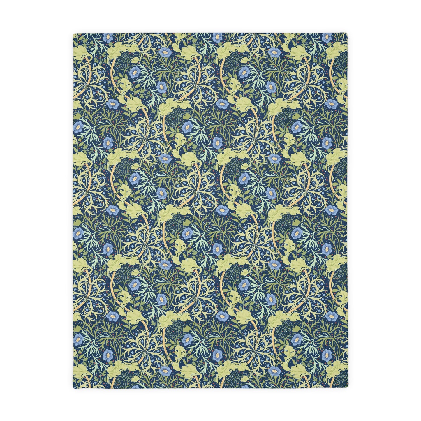 A Luxury Velveteen Minky Blanket with a two-sided print featuring a seaweed-inspired William Morris & Co floral pattern in blue, green and yellow tones.