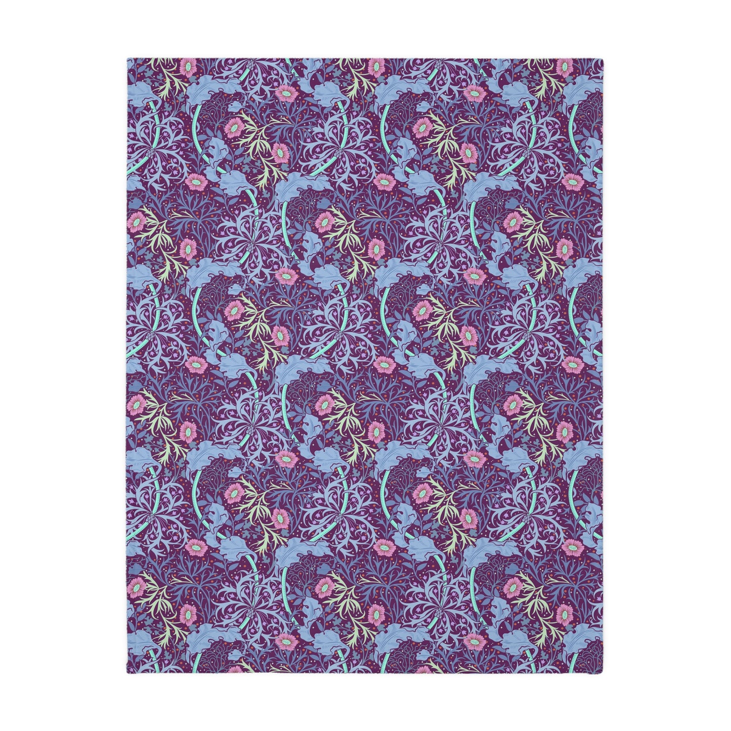 A Luxury Velveteen Minky Blanket with a two-sided print featuring a seaweed-inspired William Morris & Co floral pattern in blue, pink and purple tones.