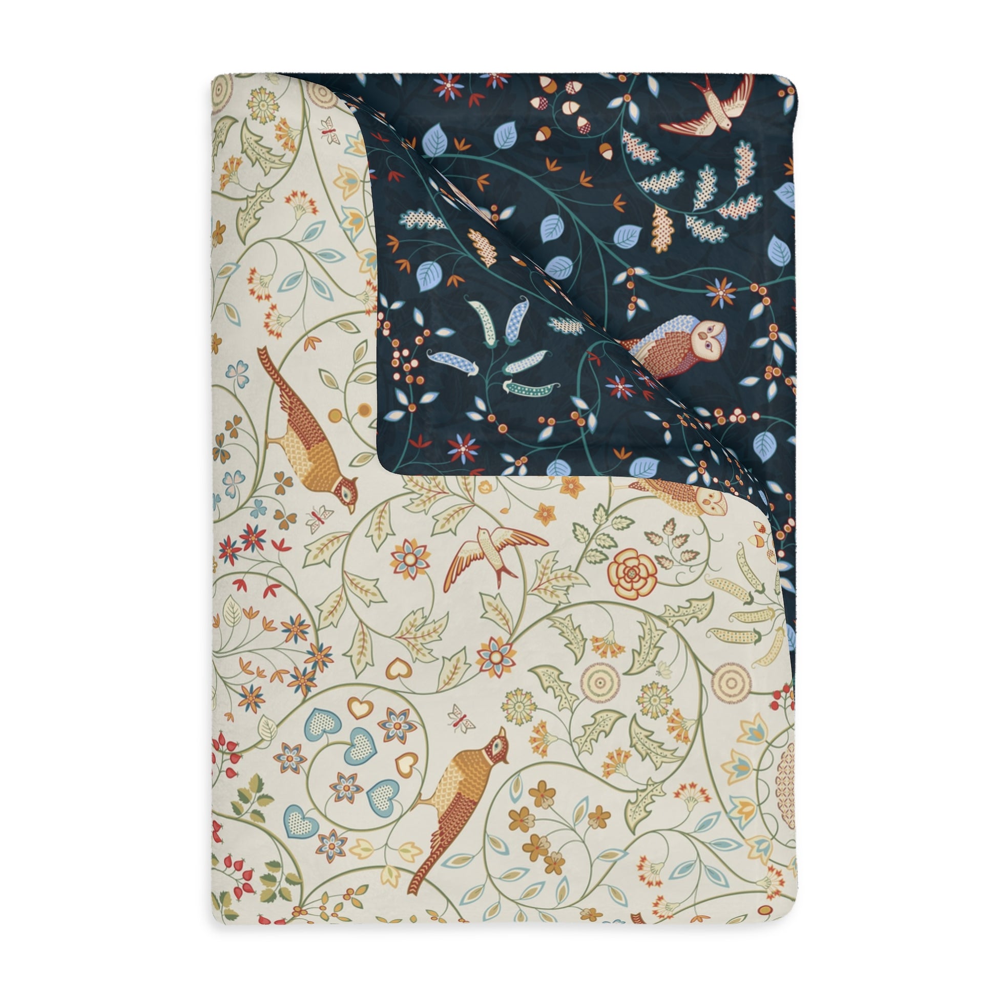 Floral and nature-themed fabric swatch with birds and leaves on a white background