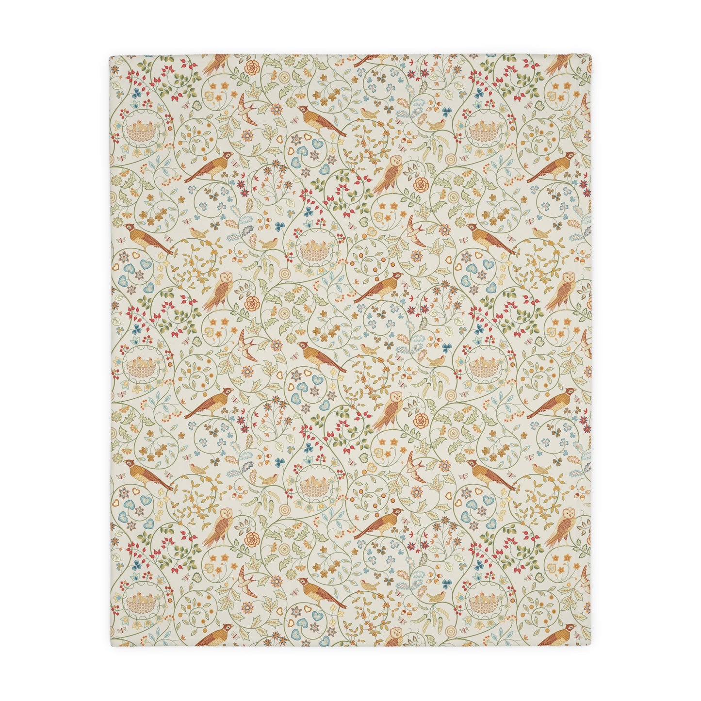Patterned William Morris & Co blanket with birds and flowers on a white background