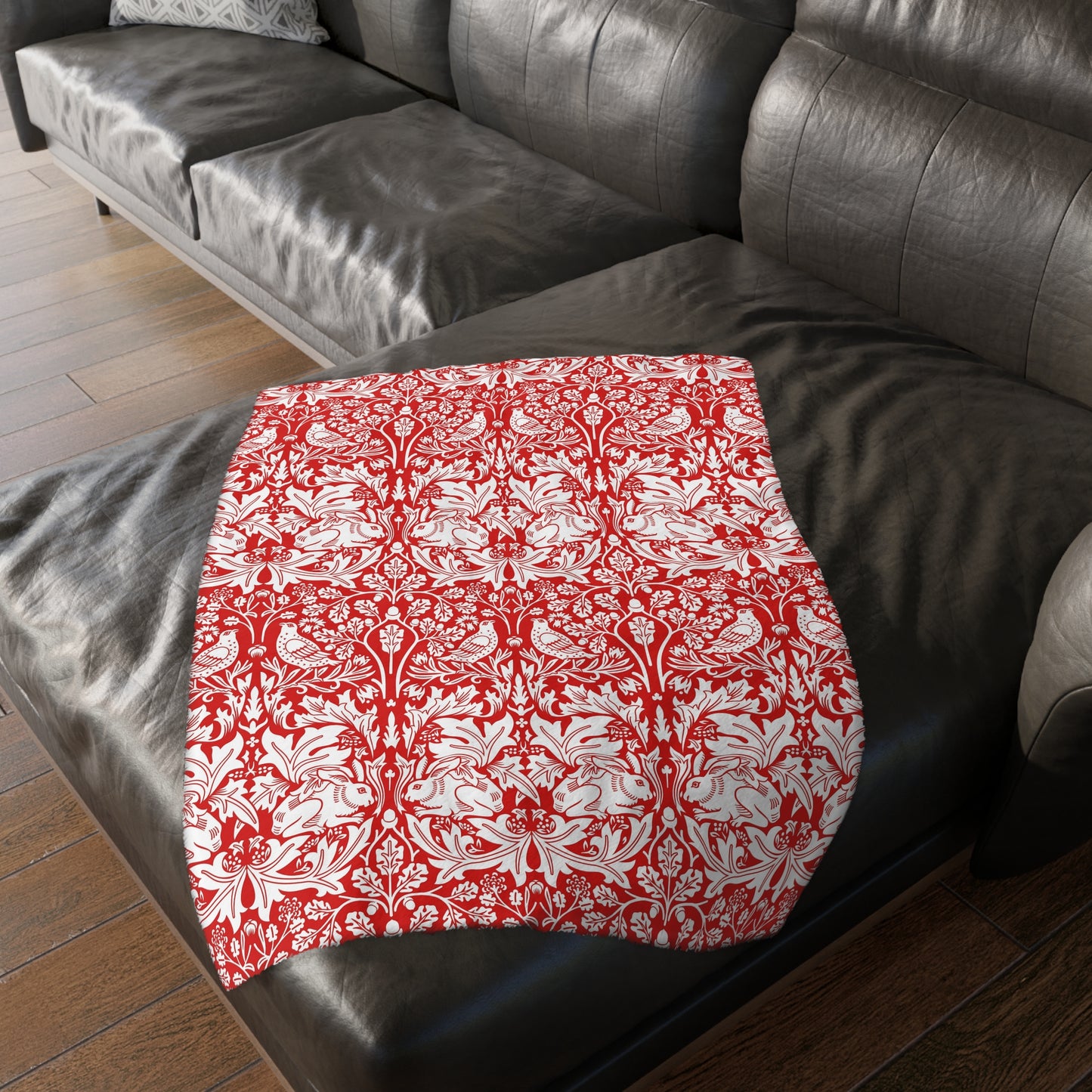 Luxury Velveteen Minky Blanket (Two-sided print) inspired by William Morris & Co in a pattern called Brer Rabbit Collection (Grey/Red)