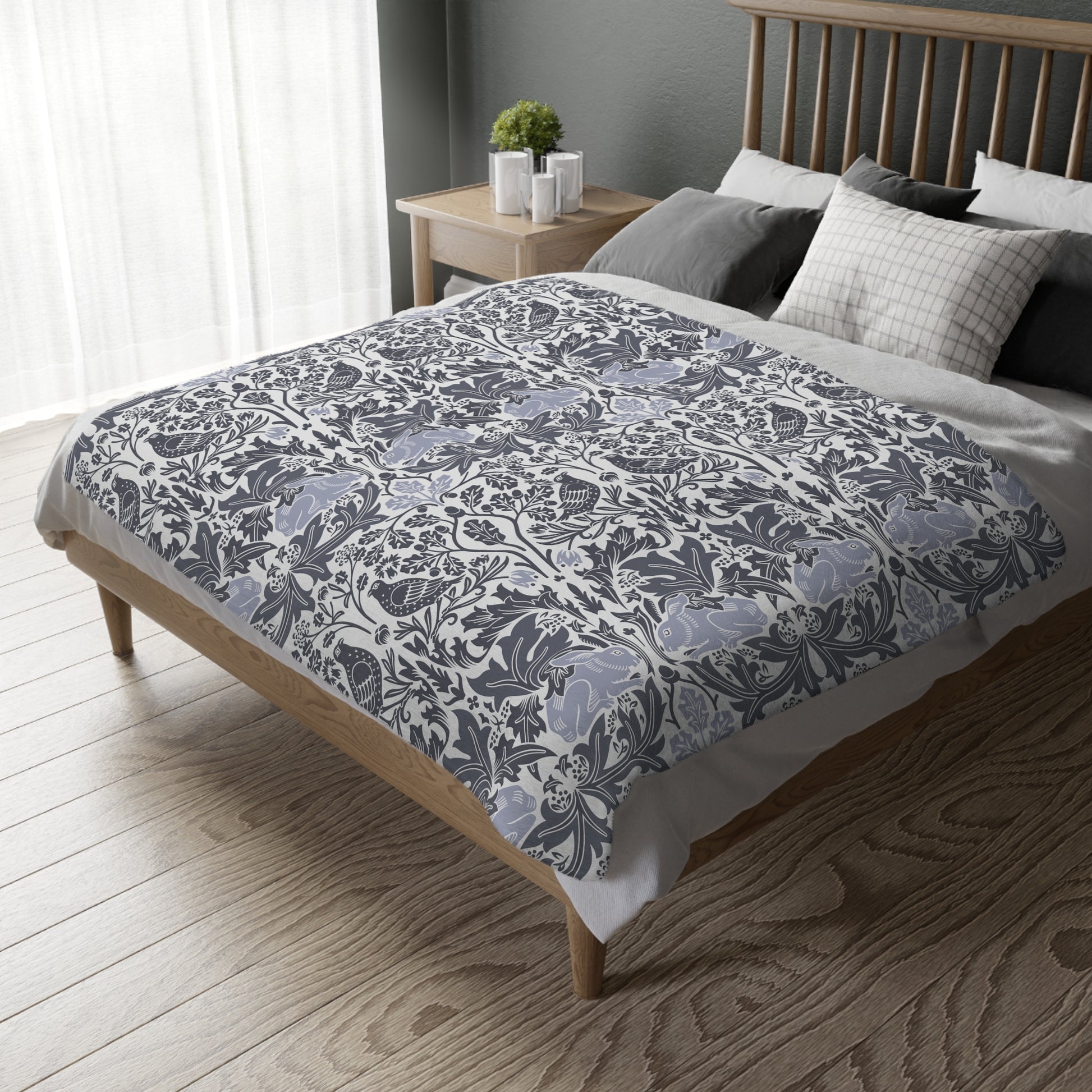 Luxury Velveteen Minky Blanket (Two-sided print) inspired by William Morris & Co in a pattern called Brer Rabbit Collection (Grey/Red)