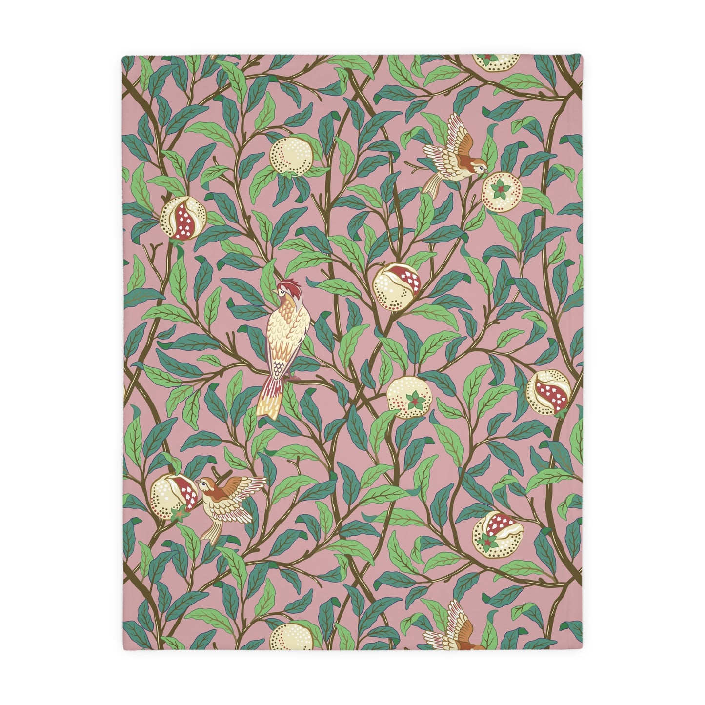 Luxury Velveteen Minky Blanket (Two-sided print) produced for William Morris & Co in a pattern called Bird and Pomegranate Collection (Rosella / Parchment) designed by Kathleen Kersey in pink, red, green and beige