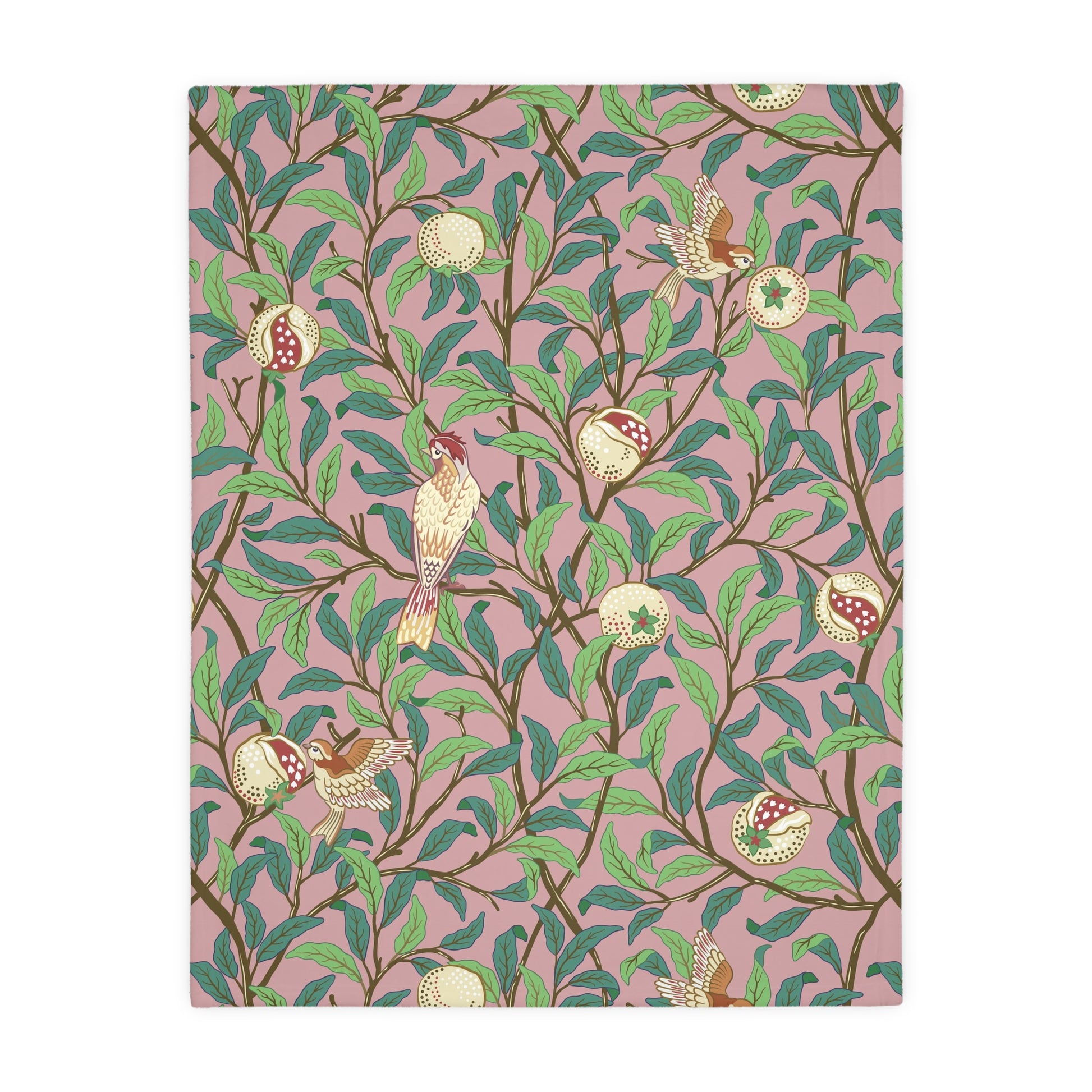 Luxury Velveteen Minky Blanket (Two-sided print) produced for William Morris & Co in a pattern called Bird and Pomegranate Collection (Rosella / Parchment) designed by Kathleen Kersey in pink, red, green and beige