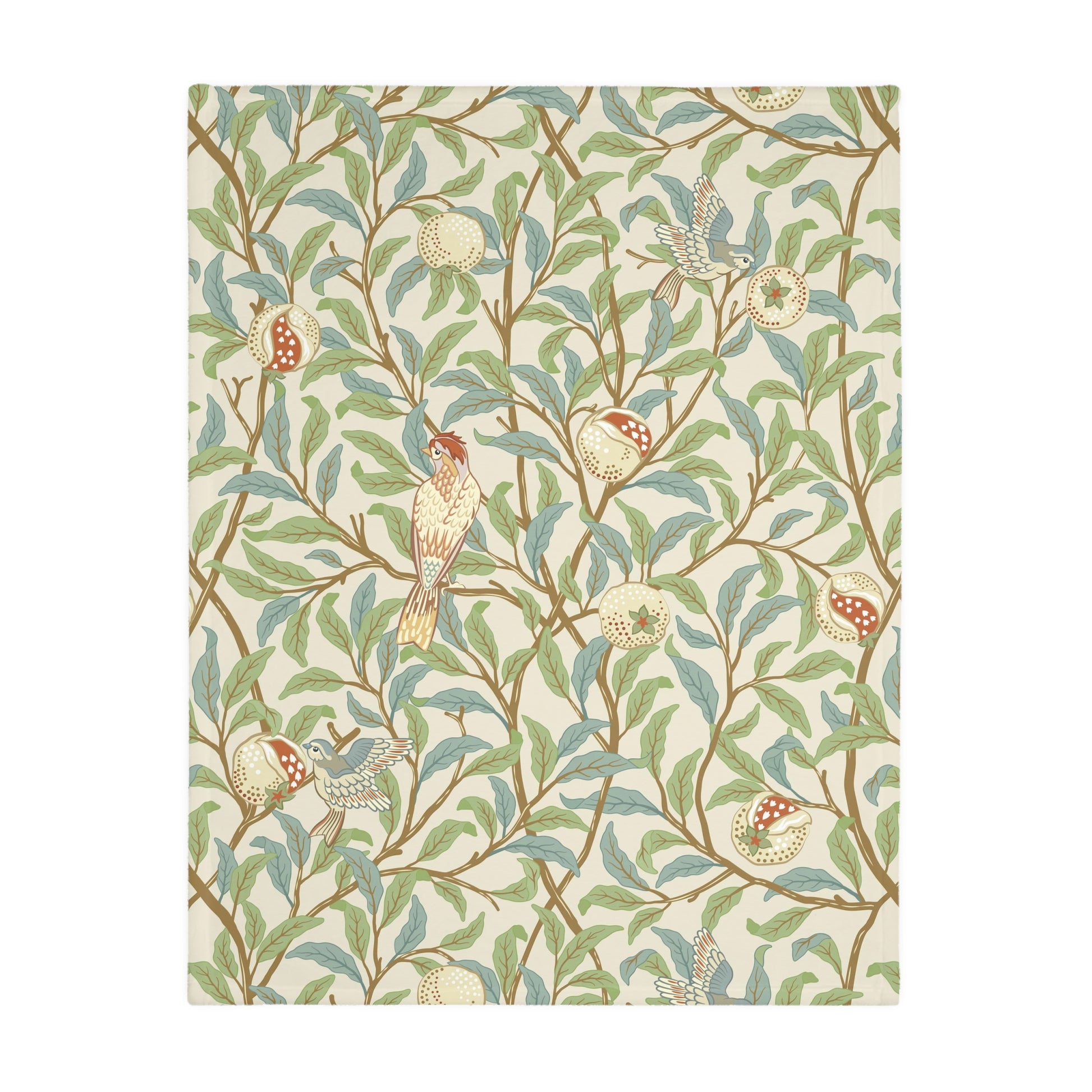 Luxury Velveteen Minky Blanket (Two-sided print) produced for William Morris & Co in a pattern called Bird and Pomegranate Collection (Rosella / Parchment) designed by Kathleen Kersey in pink, red, green and beige