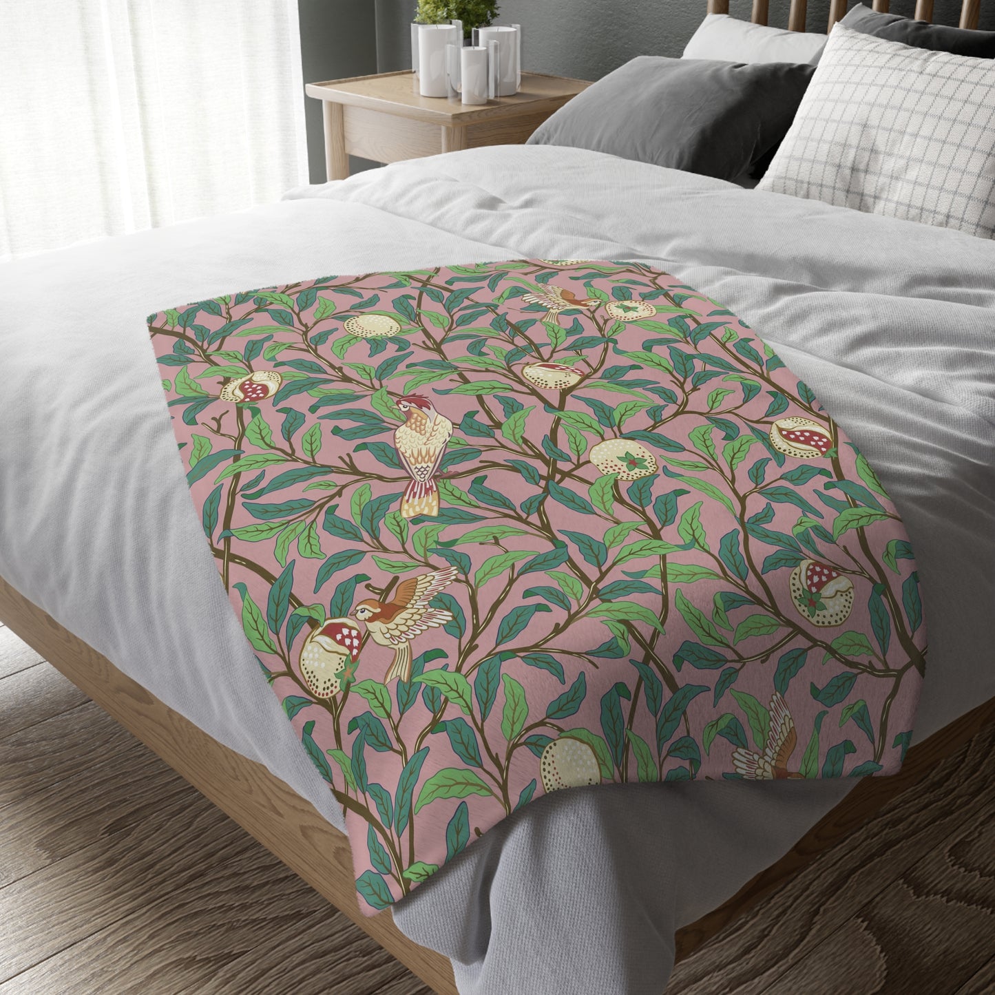 Luxury Velveteen Minky Blanket (Two-sided print) produced for William Morris & Co in a pattern called Bird and Pomegranate Collection (Rosella / Parchment) designed by Kathleen Kersey in pink, red, green and beige