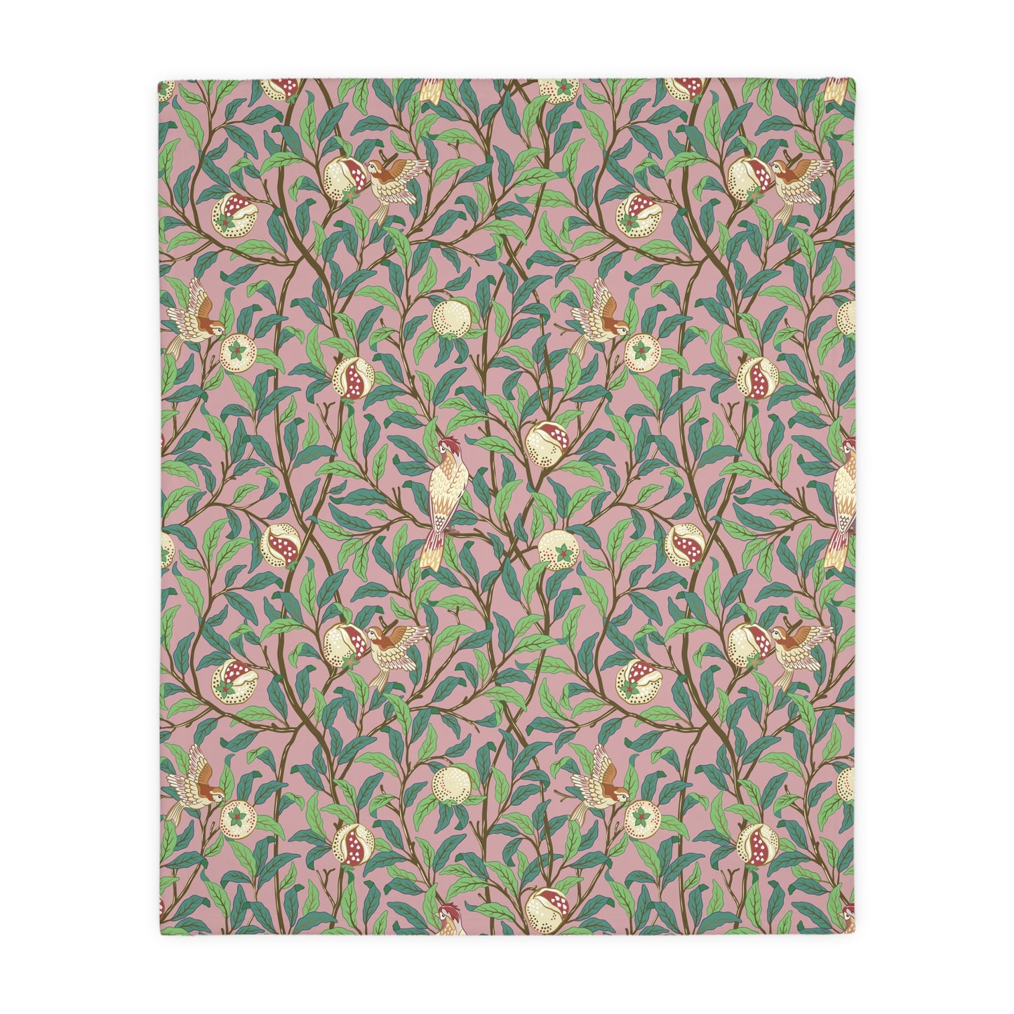 Luxury Velveteen Minky Blanket (Two-sided print) produced for William Morris & Co in a pattern called Bird and Pomegranate Collection (Rosella / Parchment) designed by Kathleen Kersey in pink, red, green and beige