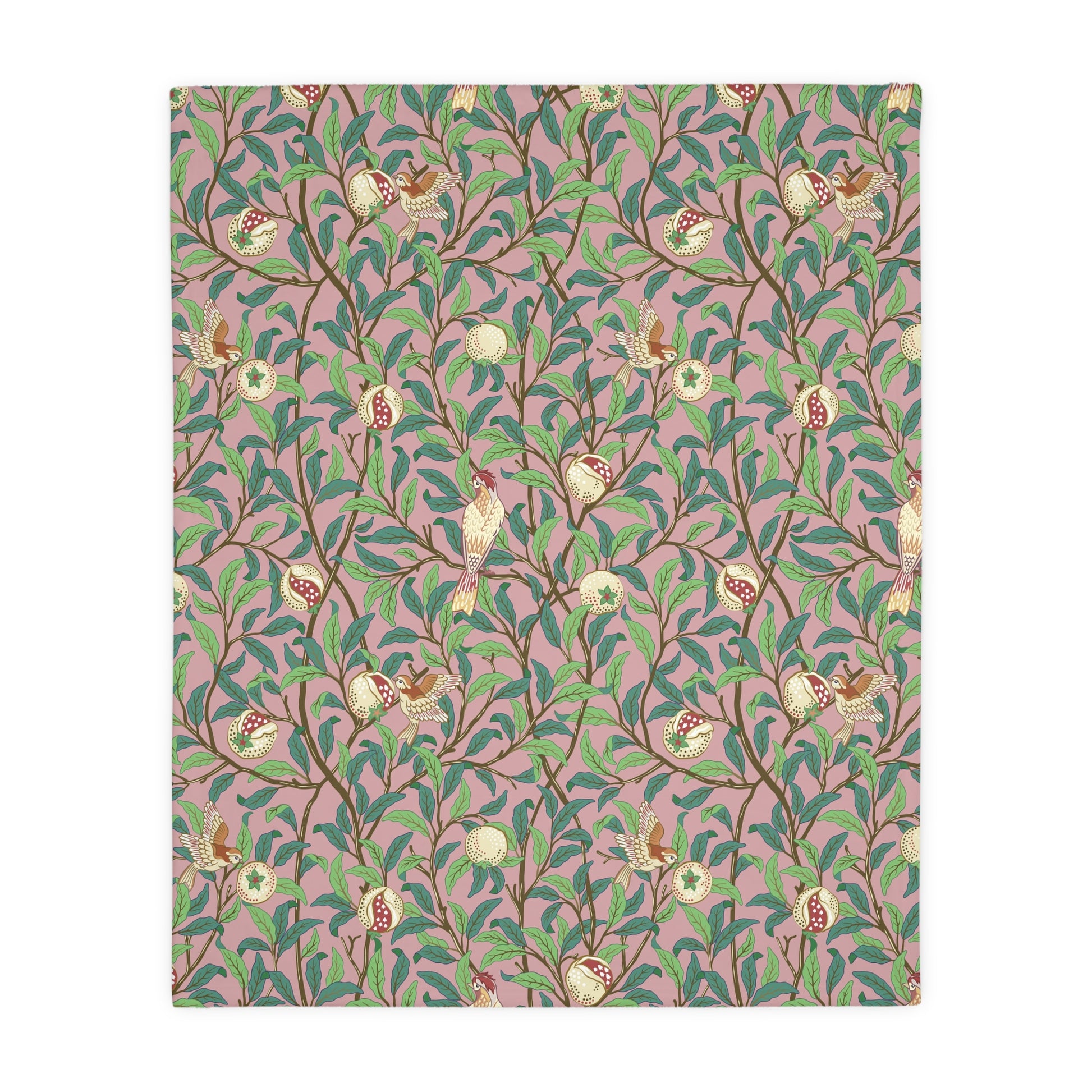 Luxury Velveteen Minky Blanket (Two-sided print) produced for William Morris & Co in a pattern called Bird and Pomegranate Collection (Rosella / Parchment) designed by Kathleen Kersey in pink, red, green and beige