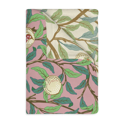 Luxury Velveteen Minky Blanket (Two-sided print) produced for William Morris & Co in a pattern called Bird and Pomegranate Collection (Rosella / Parchment) designed by Kathleen Kersey in pink, red, green and beige