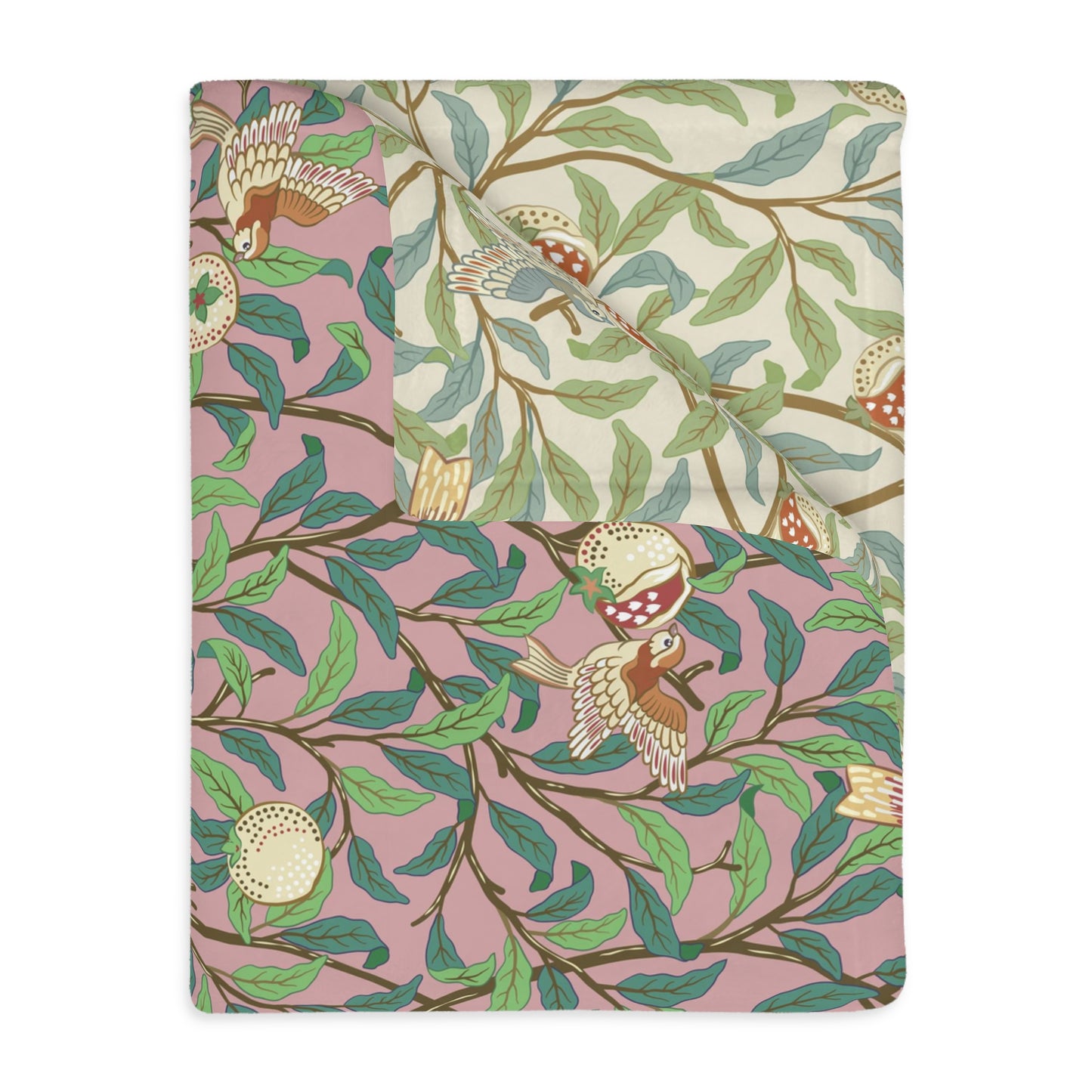 Luxury Velveteen Minky Blanket (Two-sided print) produced for William Morris & Co in a pattern called Bird and Pomegranate Collection (Rosella / Parchment) designed by Kathleen Kersey in pink, red, green and beige