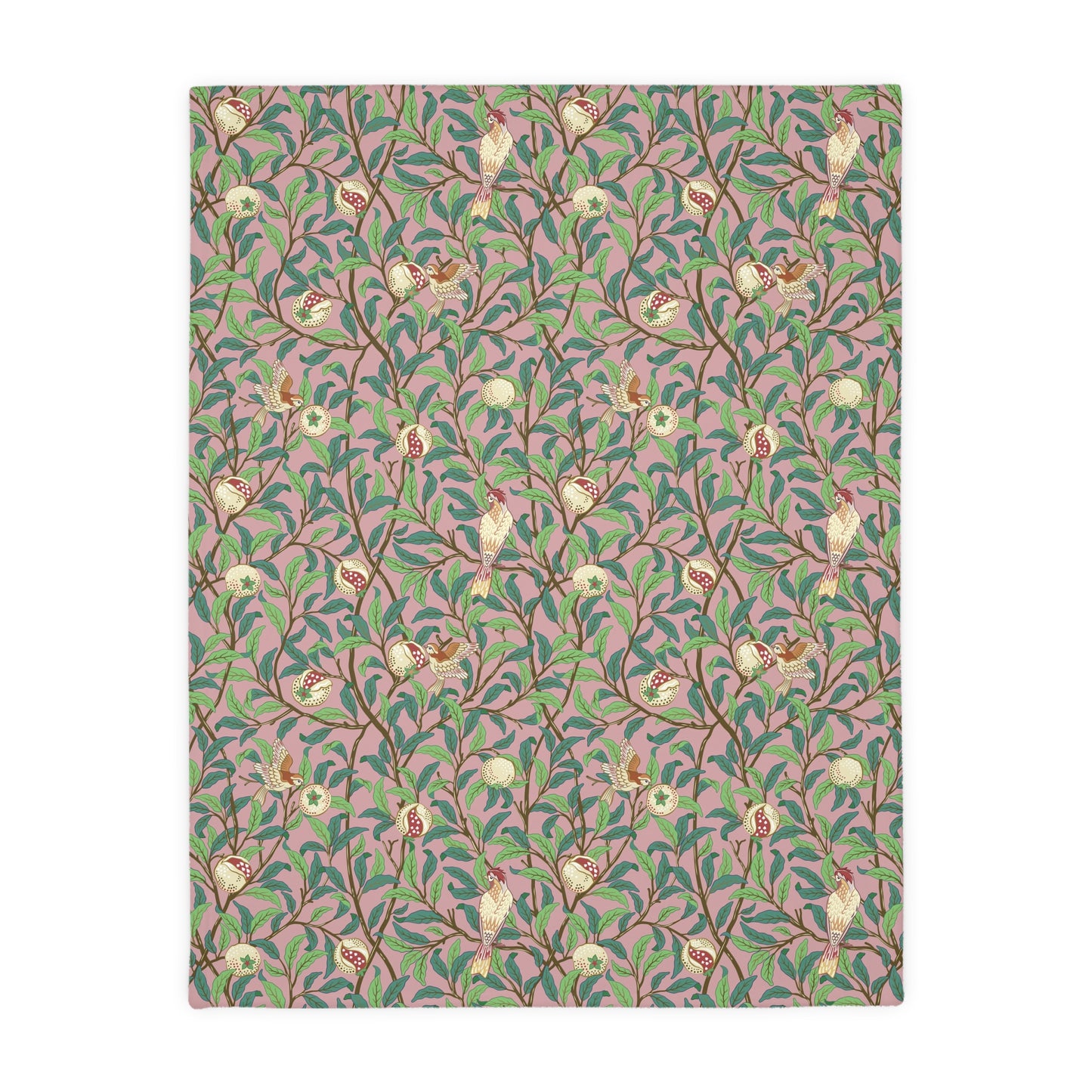 Luxury Velveteen Minky Blanket (Two-sided print) produced for William Morris & Co in a pattern called Bird and Pomegranate Collection (Rosella / Parchment) designed by Kathleen Kersey in pink, red, green and beige