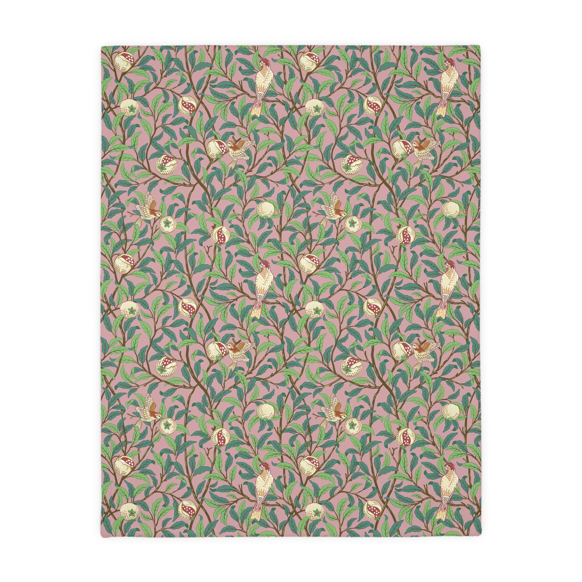 Luxury Velveteen Minky Blanket (Two-sided print) produced for William Morris & Co in a pattern called Bird and Pomegranate Collection (Rosella / Parchment) designed by Kathleen Kersey in pink, red, green and beige