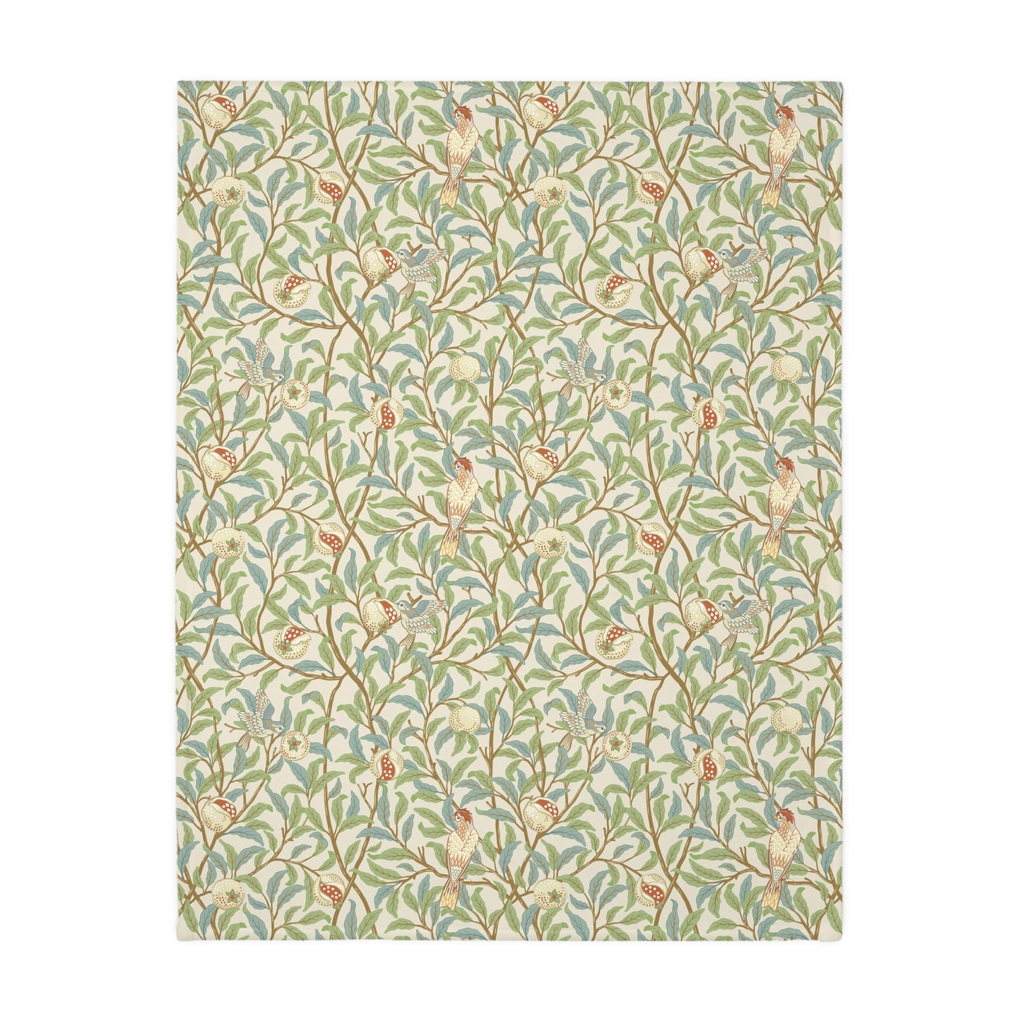 Luxury Velveteen Minky Blanket (Two-sided print) produced for William Morris & Co in a pattern called Bird and Pomegranate Collection (Rosella / Parchment) designed by Kathleen Kersey in pink, red, green and beige
